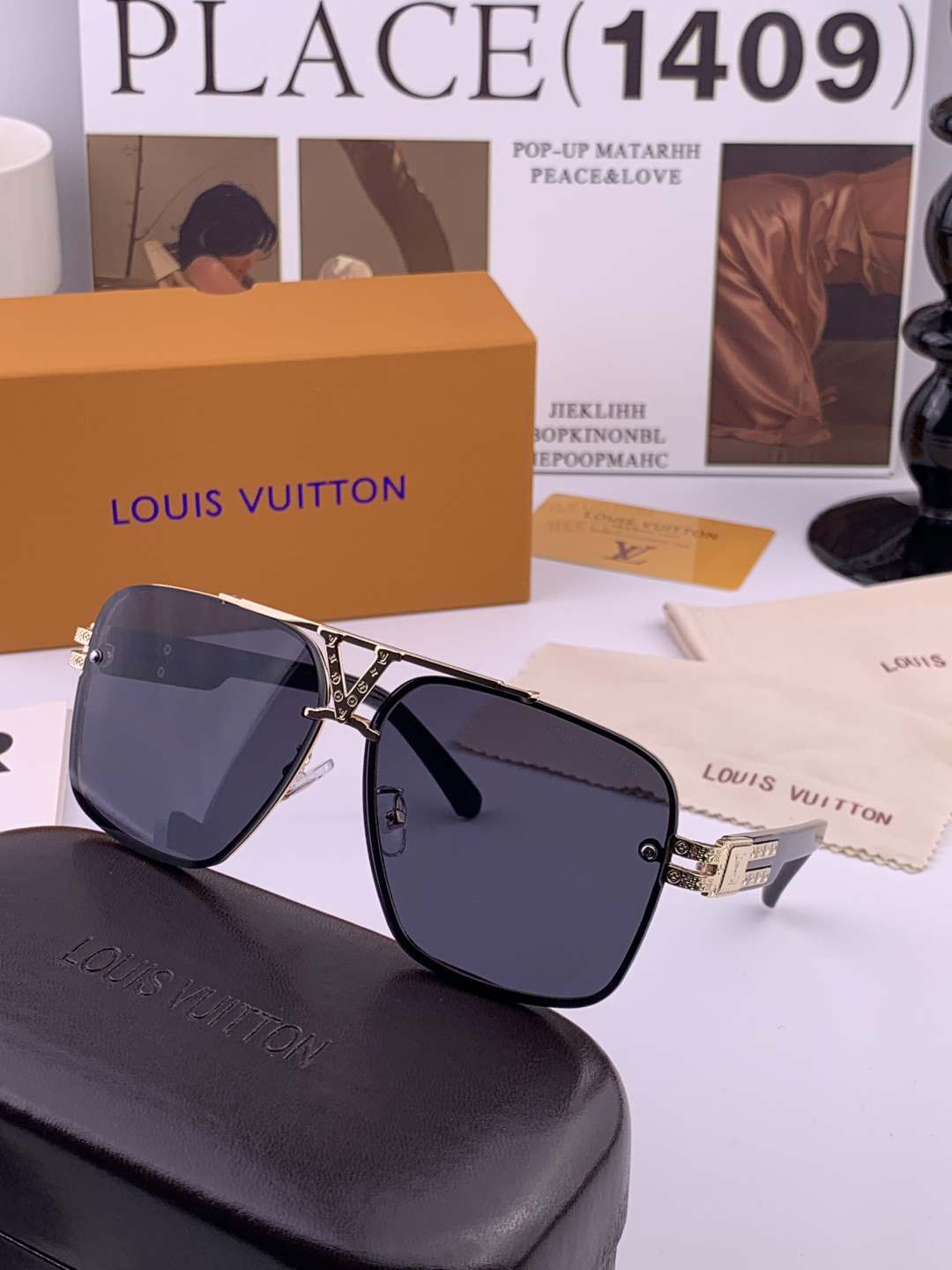 LV。高品质男女款”太阳镜。 开车钓鱼都可。百搭显瘦墨镜韩版男士飞行员大框司机开车防紫外线太阳镜，型号：