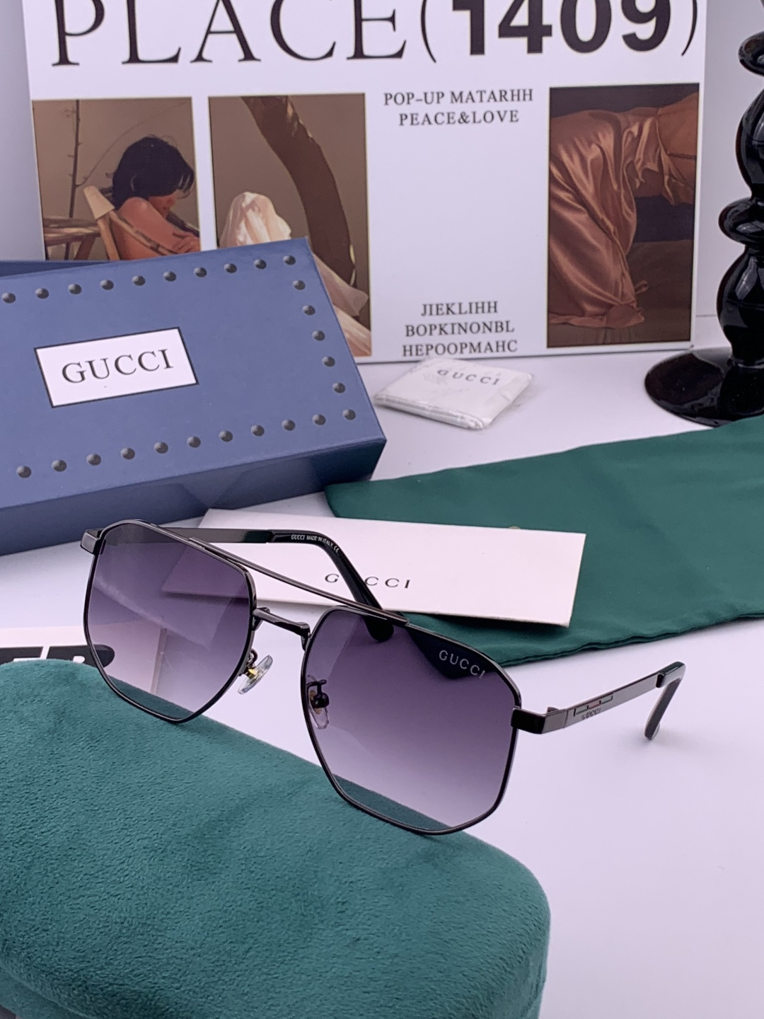GUCC*。高品质男女款”太阳镜。 开车钓鱼都可。百搭显瘦墨镜韩版男士飞行员大框司机开车防紫外线太阳镜，