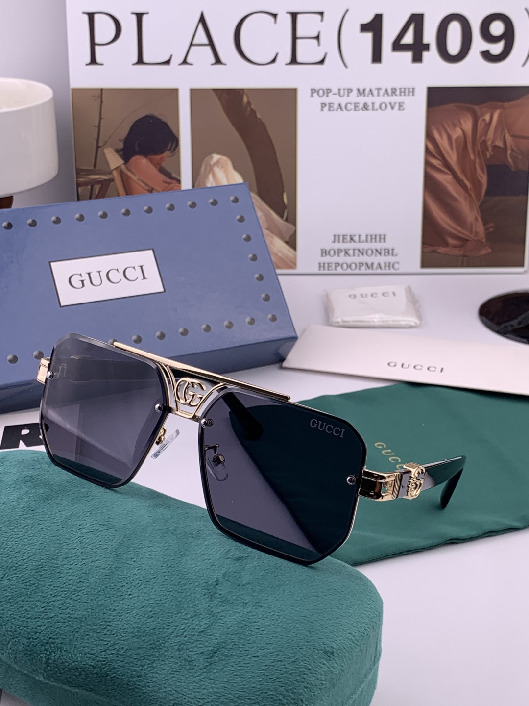 GUCC*。高品质男女款”太阳镜。 开车钓鱼都可。百搭显瘦墨镜韩版男士飞行员大框司机开车防紫外线太阳镜，
