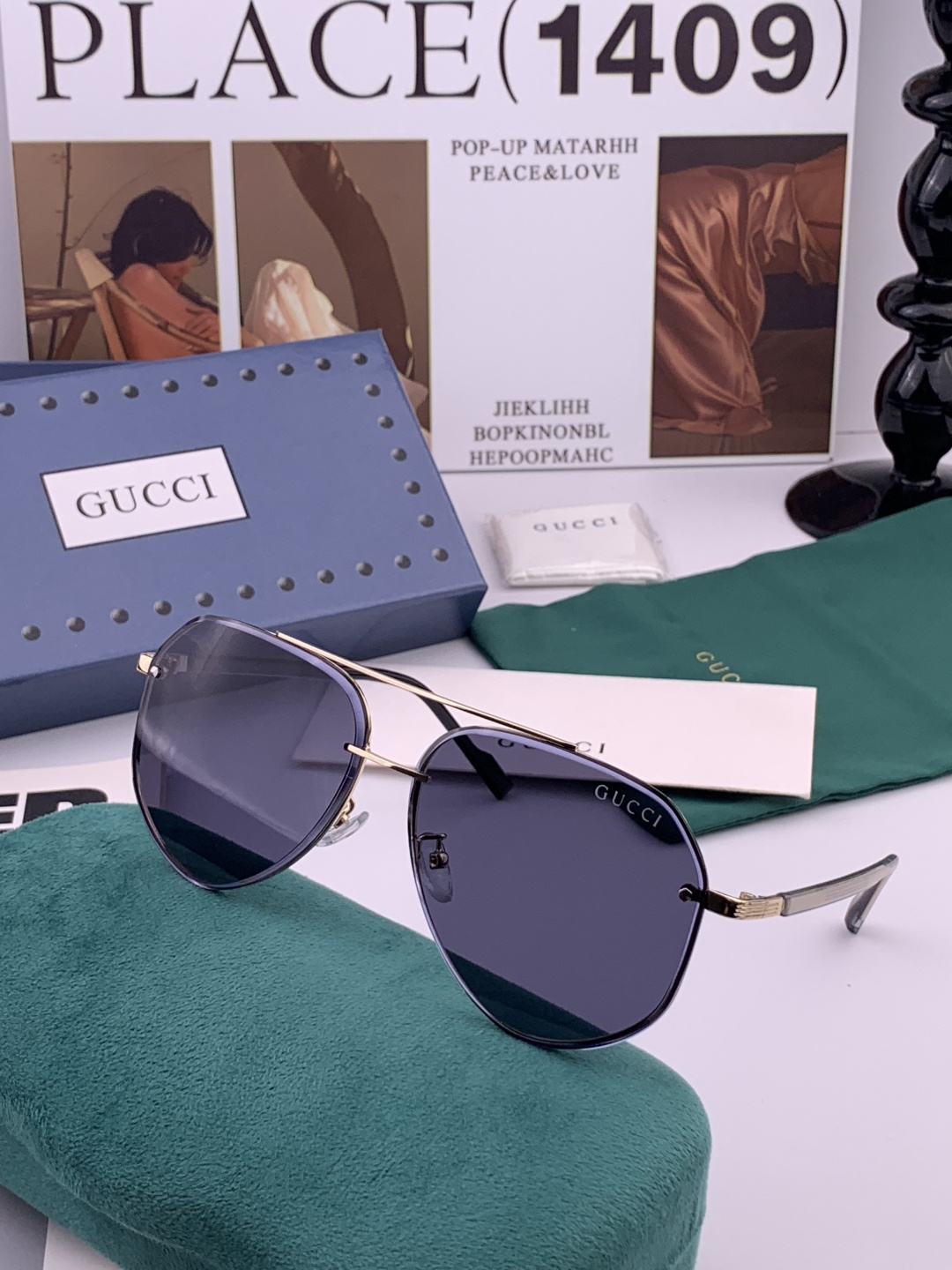 Gucci 男款炫彩飞行员偏光太阳镜 ❤️材质：高清尼龙加厚卡槽高清偏光镜片 🌹无边框镜架💕颜👍型号：G