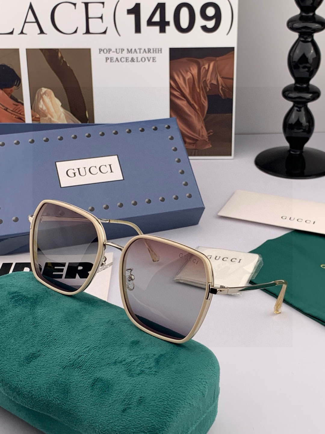 GUCCI 开春新款 最新款方框太阳镜 各路网红纷纷带起气场满分‼️ 俏皮甜美.上脸效果更佳.金属质感超