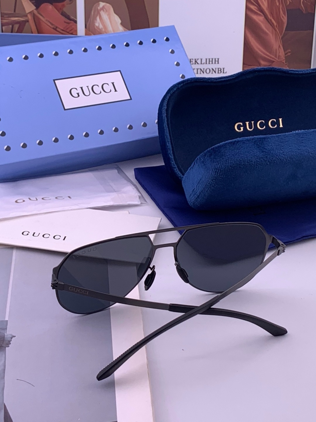 GUCCI 男款炫彩飞行员偏光太阳镜 ❤️材质：高清尼龙加厚卡槽高清偏光镜片 🌹无边框镜架💕颜👍型号：G