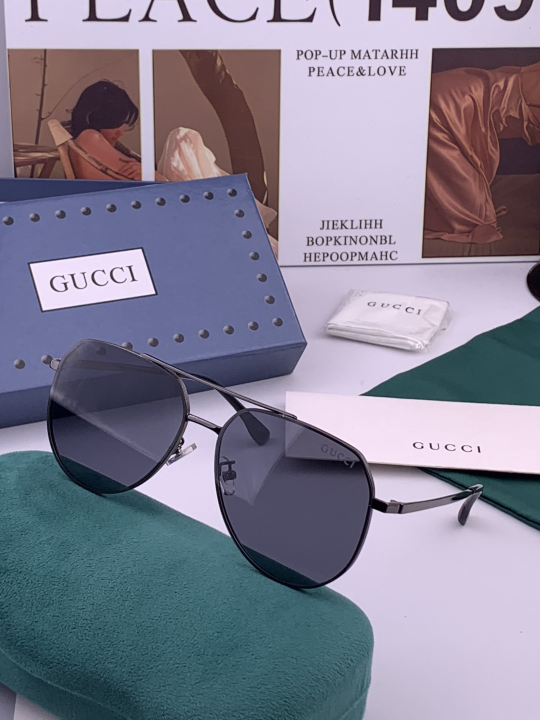 GUCCI 男款炫彩飞行员偏光太阳镜 ❤️材质：高清尼龙加厚卡槽高清偏光镜片 🌹无边框镜架💕颜👍型号：G
