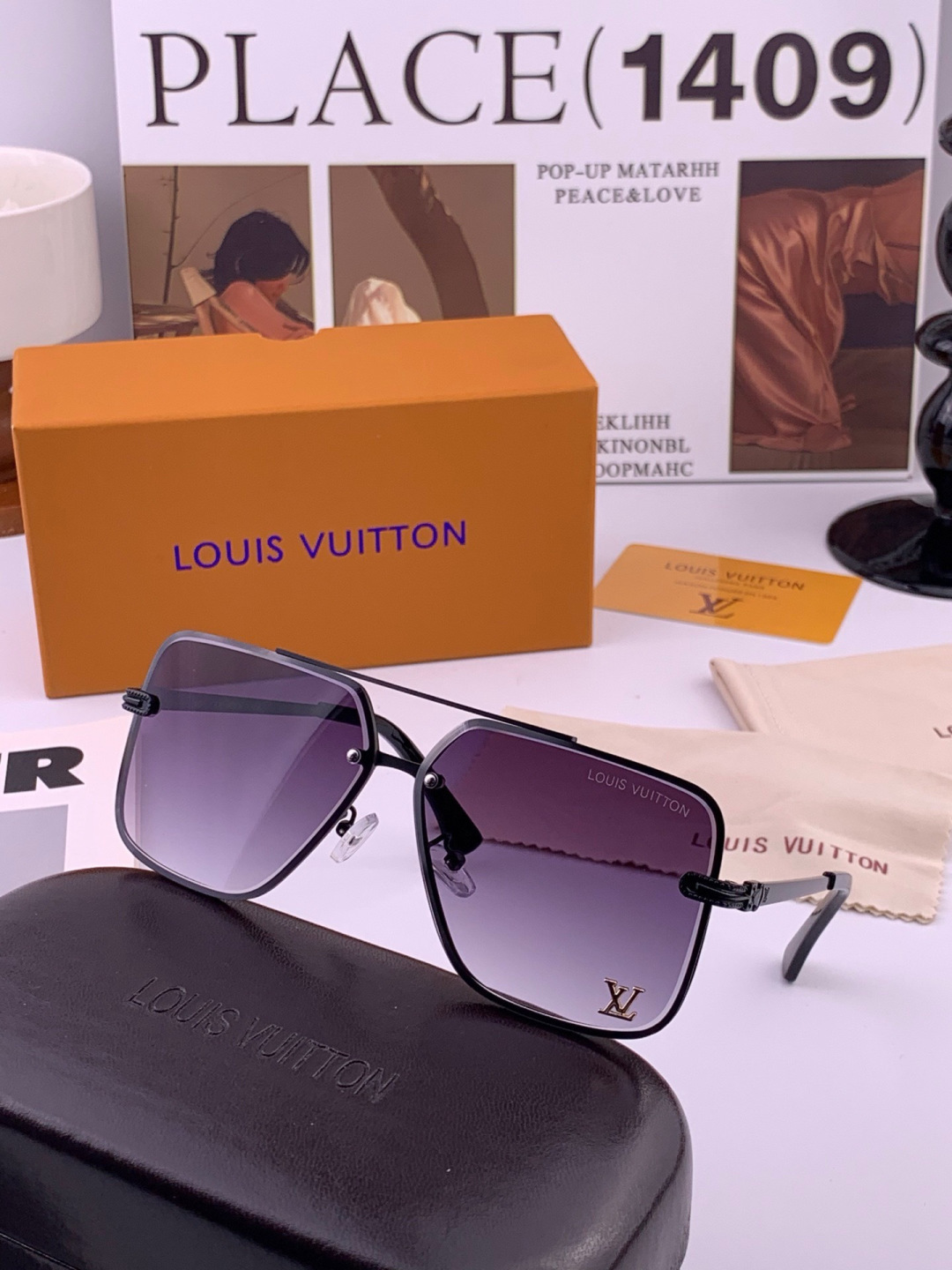 LV🔥高品质男女款”太阳镜🔥 开车钓鱼都可🔥百搭显瘦墨镜韩版男士飞行员大框司机开车防紫外线太阳镜，型号：