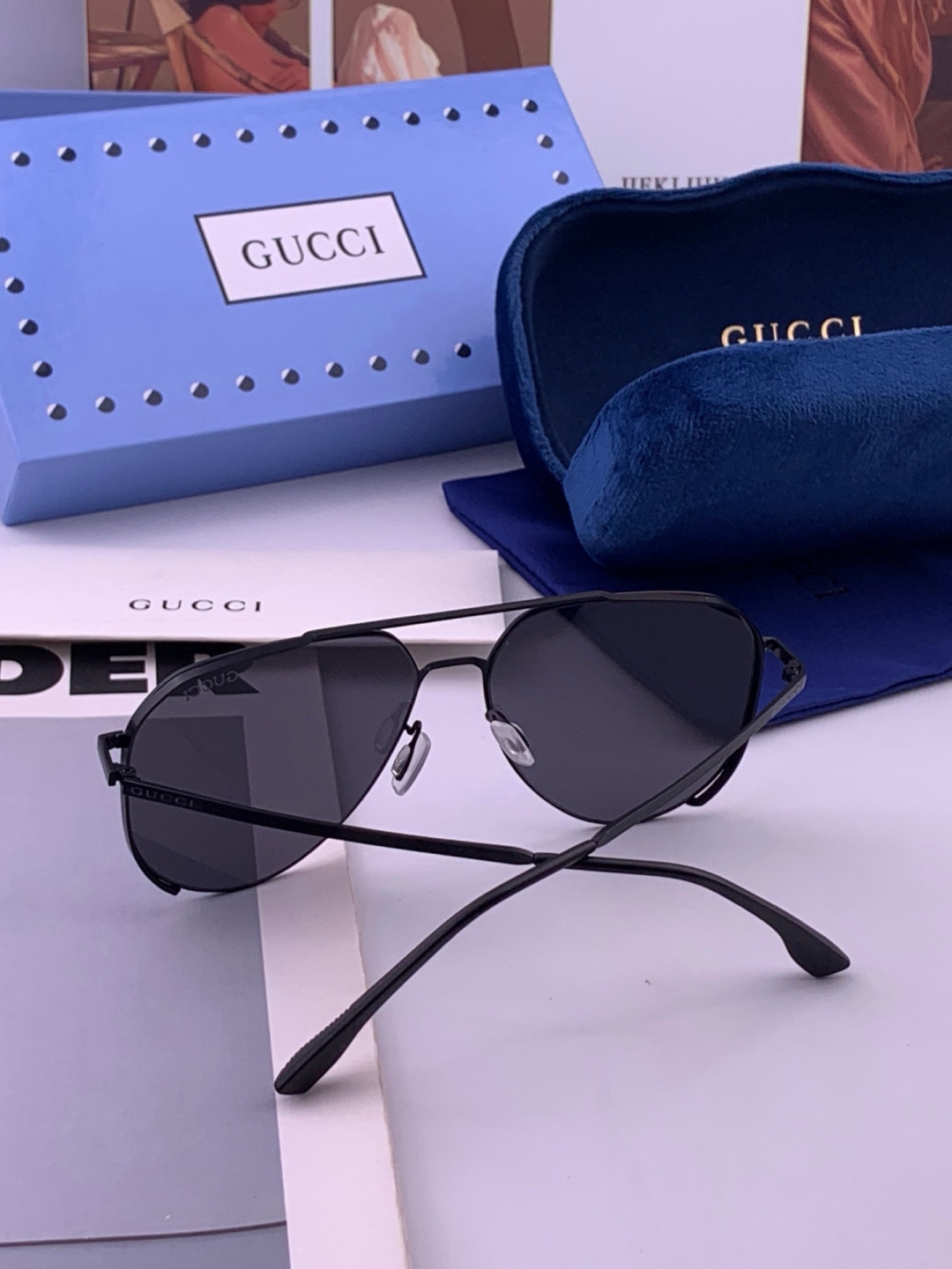 GUCCI 男款炫彩飞行员偏光太阳镜 ❤️材质：高清尼龙加厚卡槽高清偏光镜片 🌹无边框镜架💕颜👍型号：G31809