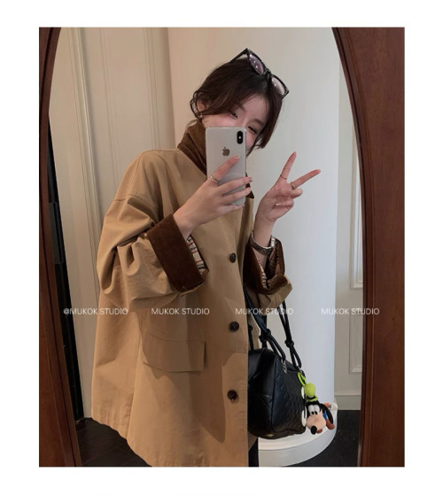 Women's Corduroy Patchwork Trench Coat Autumn Loose Fit Casual Overcoat 1 Women's Corduroy Patchwork Trench Coat Autumn Loose Fit Casual Overcoat