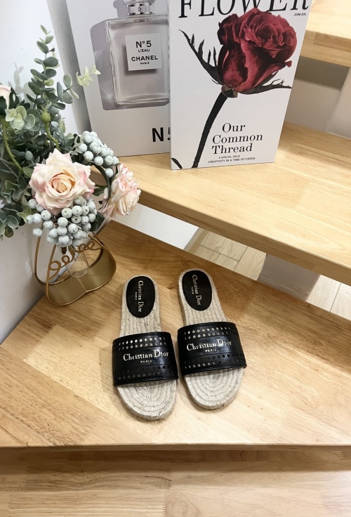 Dior Granville Espadrille Slides with Black Leather Band and Logo