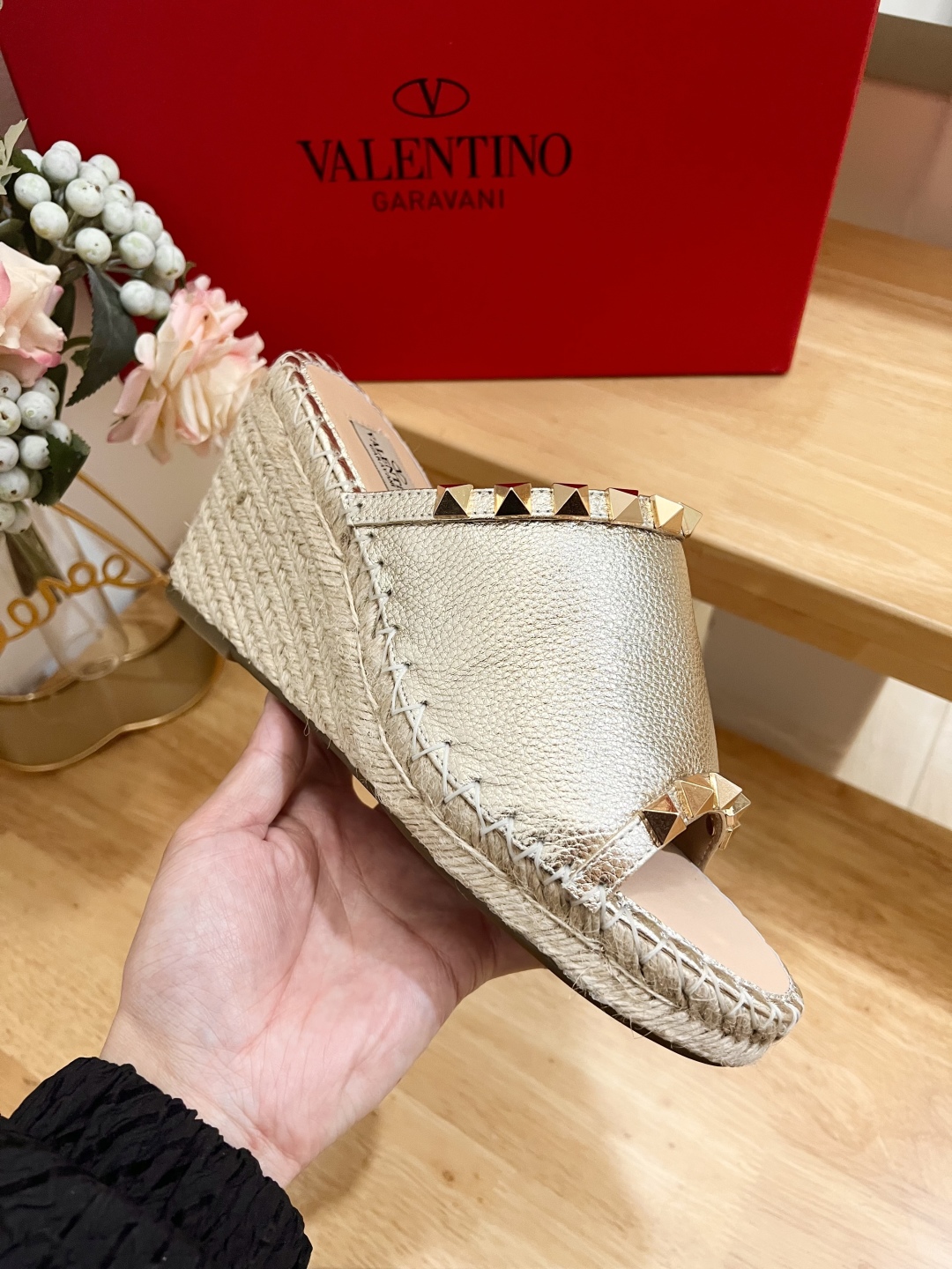 Valentino Garavani Metallic Leather Wedge Sandals with Studs