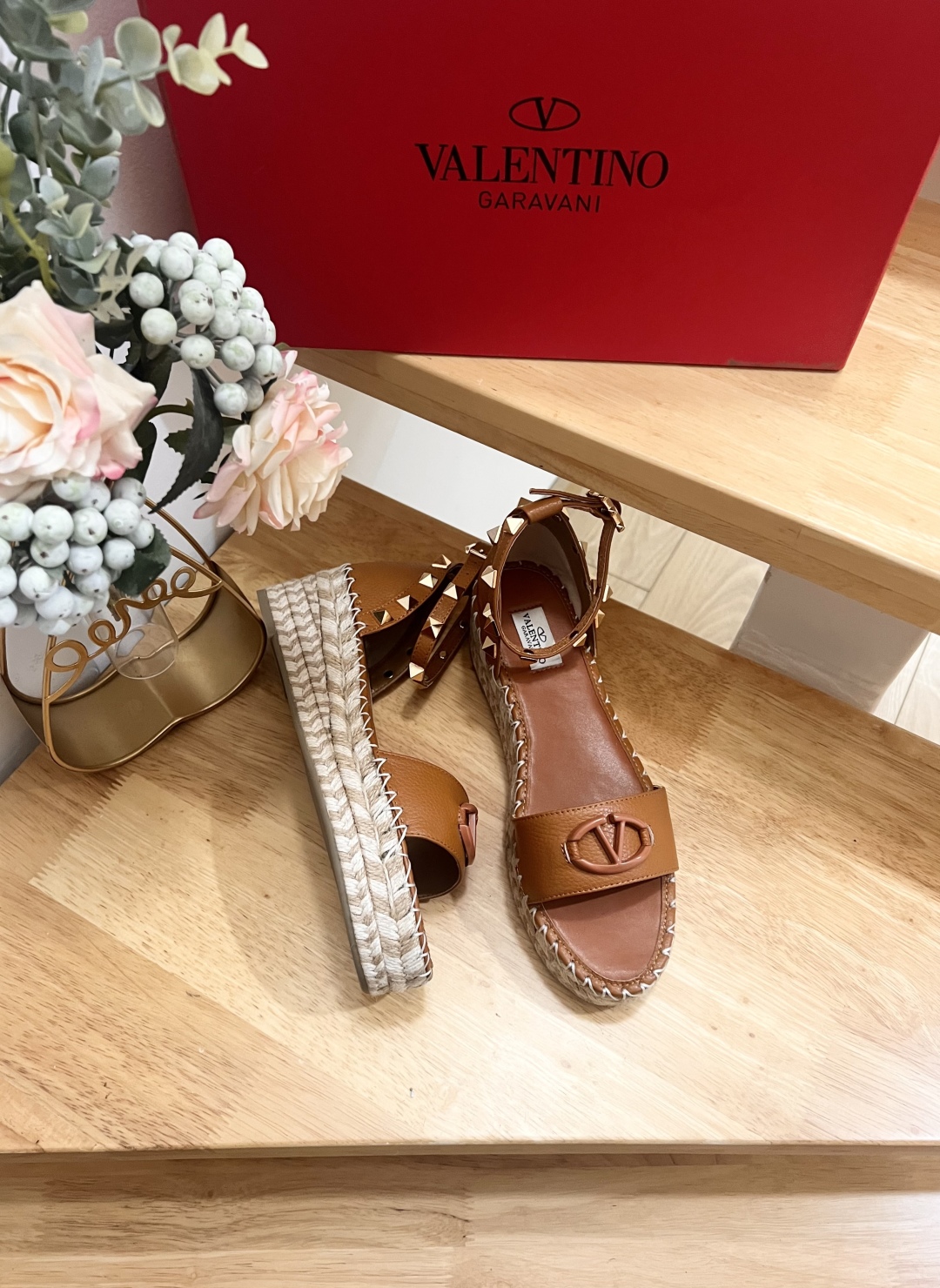 Valentino Garavani Leather Espadrille Wedge Sandals Studded Platform Shoes