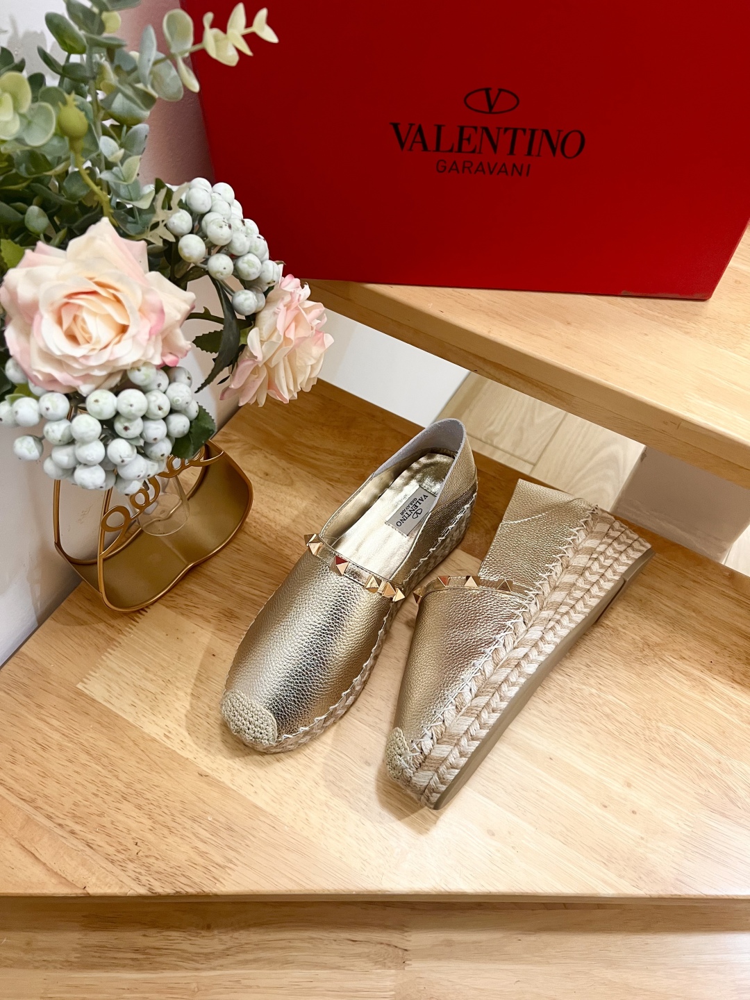 Valentino Garavani Gold Leather Espadrille Flats with Rockstud Embellishments