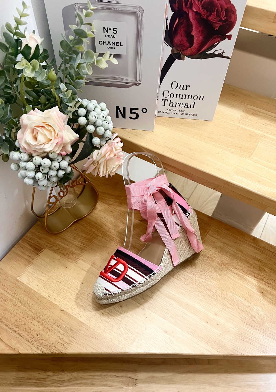Valentino Garavani Canvas Wedge Espadrilles with VLogo - Pink/White