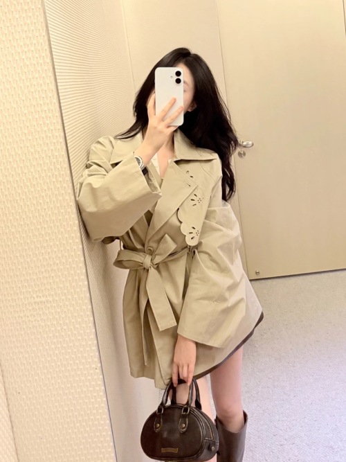 Elegant Embroidered Trench Coat - Short Style with Tie Waist 1 Elegant Embroidered Trench Coat - Short Style with Tie Waist