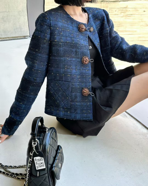 Elegant Blue Tweed Jacket - Parisian Chic, Cropped Fit, Wool Blend 1 Elegant Blue Tweed Jacket - Parisian Chic, Cropped Fit, Wool Blend