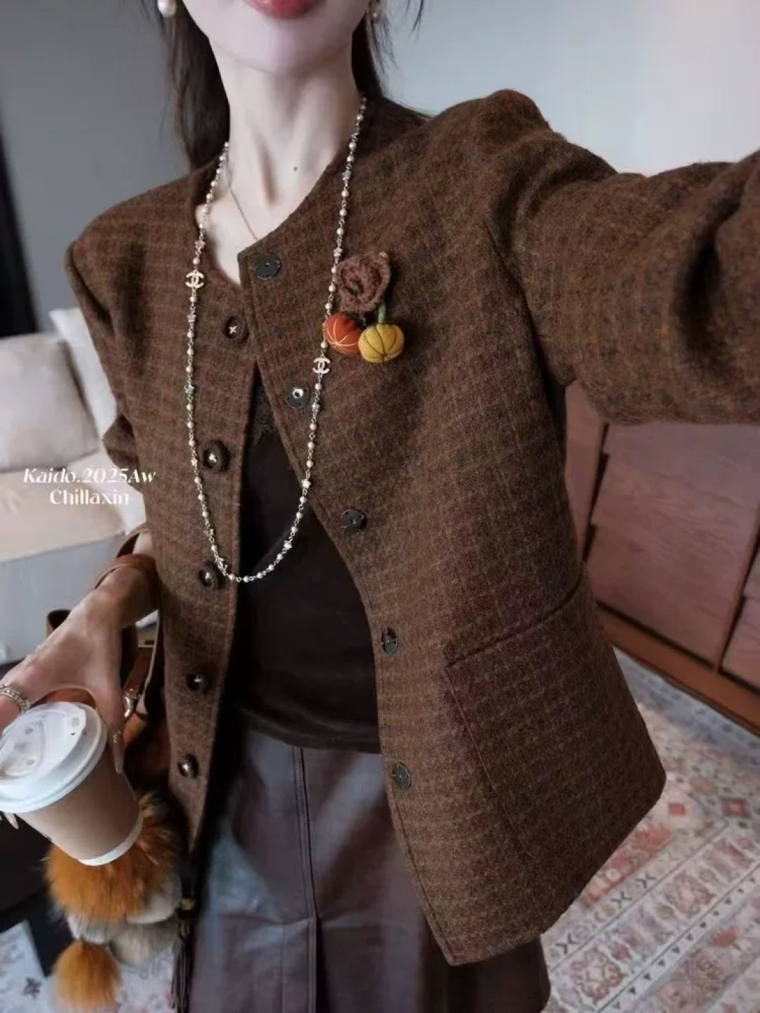 Classic Tweed Chanel-Style Jacket with Pockets, Round Neck, and Button Details