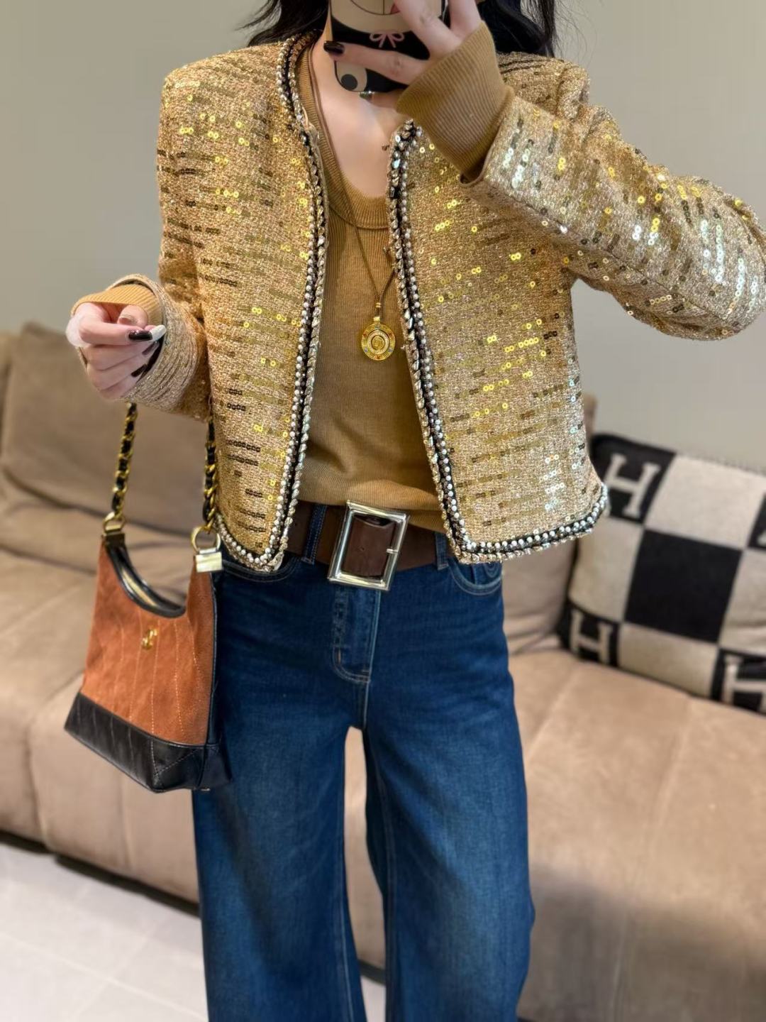 Elegant Gold Sequin Tweed Cropped Jacket, Classic Design, S-XL Sizes 2 cmp i1758176236413 4877 0 2