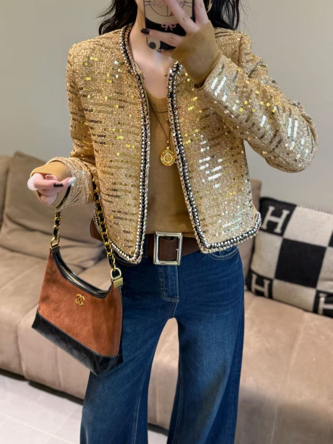 Elegant Gold Sequin Tweed Cropped Jacket, Classic Design, S-XL Sizes 3 cmp i1758176236413 9880 0 3