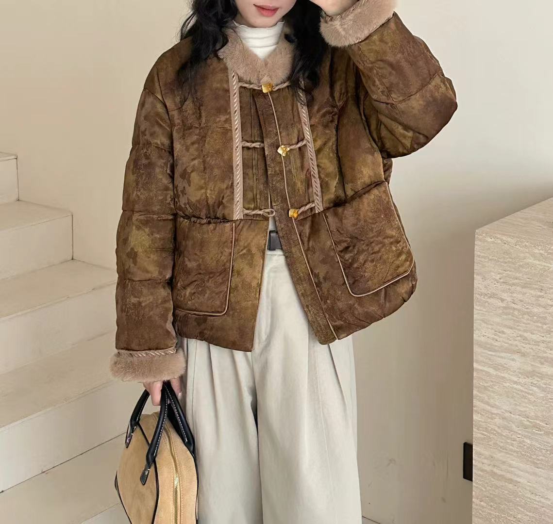 Elegant Chinese Style Down Jacket - Loose Fit, Mink Fur Trim