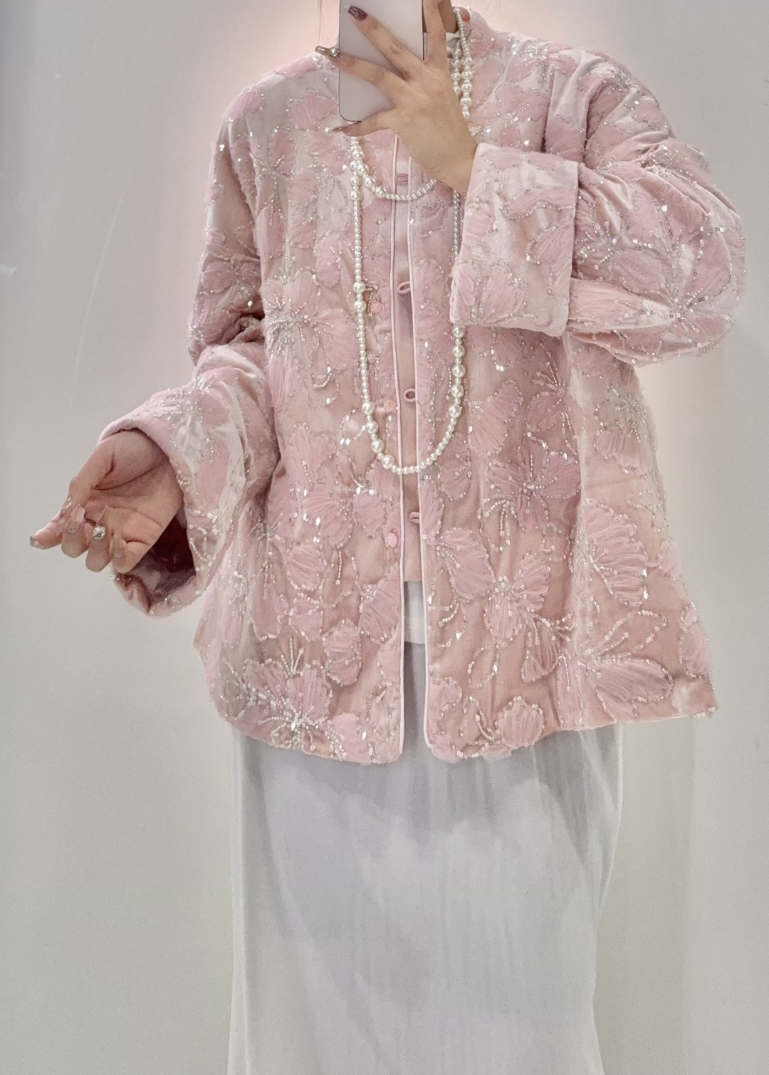Elegant Beaded Velvet Jacket, Floral Embroidery Design, Pink Outerwear
