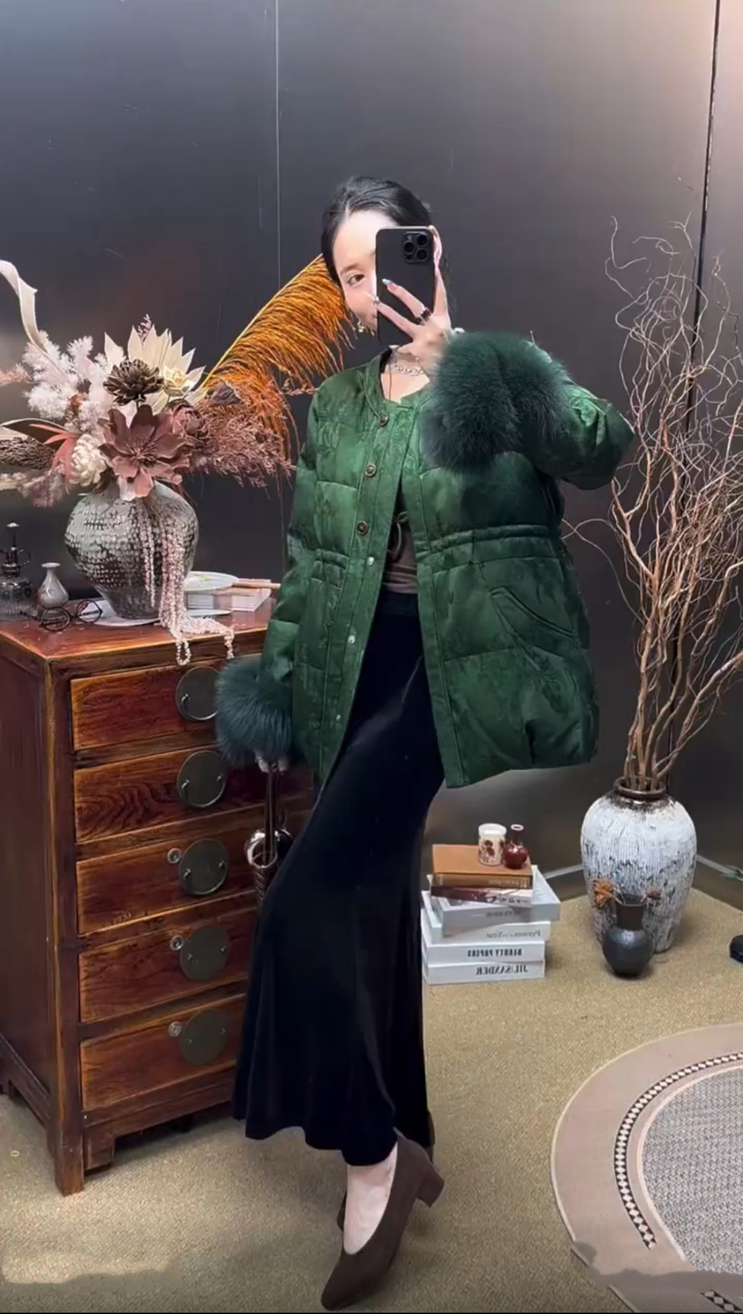 Elegant Fox Fur Trim Down Coat, Mid-Length, Chinese Style Buttons, Luxury