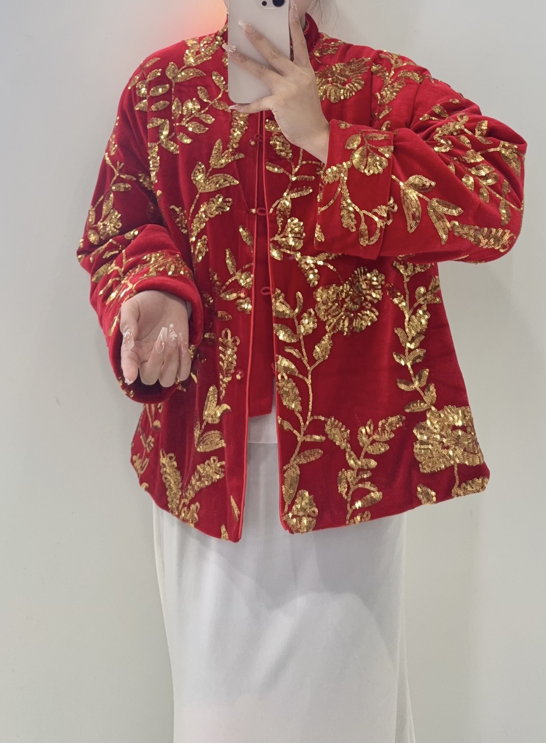 Elegant Red Velvet Jacket with Gold Sequin Embroidery Floral Pattern