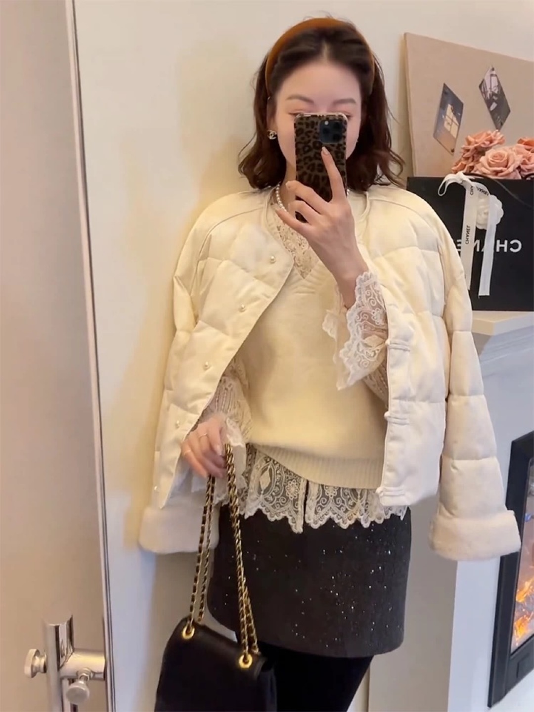 Elegant Quilted Jacket with Mink Fur Trim, Loose Fit, Sizes S-XL