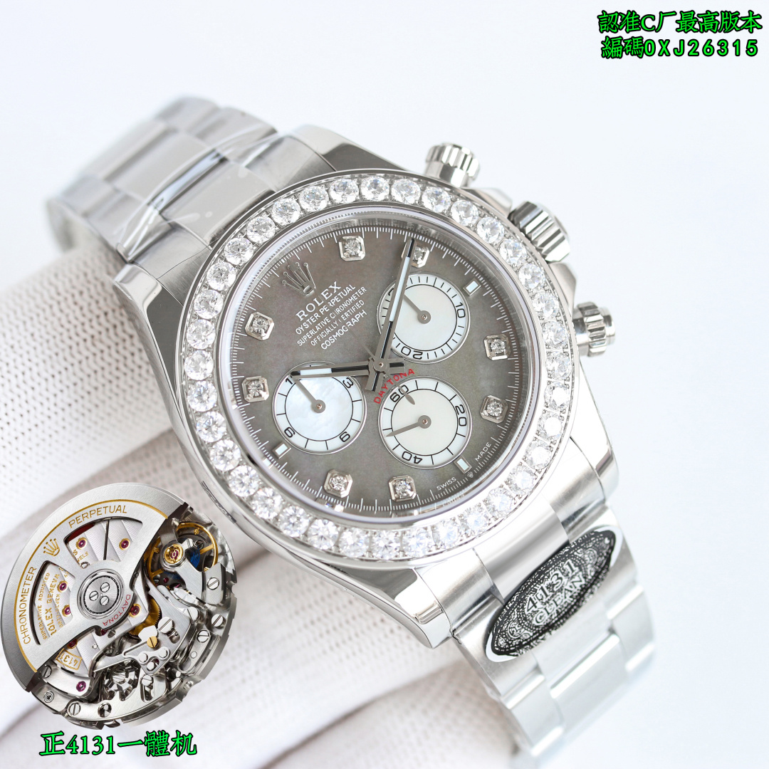 NO:150322,Gold Factory C new product, the highest version, Rolex ROLEX Ditona 4131 all-in-one machine (boutique super A version) Ditona series The king of cost performance, the most stable version in the market is launched this time. Recognize the code: Factory C tape watch, OXJ19746, Factory C watch, Steel tape watch, OXJ26315 (thickness 11.9) The original version is consistent, recognize the latest label of the back cover of Factory C!  Pair with the best steel tape in it!  New product Ditona series!  The entire series has ushered in a brand new change, with the following changes: 1 The scale time mark has become thinner 2 The chronograph is more elegant and slender 3 The crown logo is added at six o'clock 4 The ceramic ring has a new metal outer ring 5 The new case represents the ears with stronger curve effect 6 The movement has been upgraded from upgrade to 4131 C1 There are also new breakthroughs in the development of this new product, and it is finally perfectly released!  Full of details. This time, every spare parts are carefully reproduced and rewarded with the most perfect quality possible. 1. All colors of the dial are consistent with the original version, and there is no color difference!  Each time scale is finely cast and chamfered and polished, and platinum electroplating is used to ensure that it will not fade forever!  The font on the disk is clear and three-dimensional!  2. Factory C customized fine steel belt, top-quality wire drawing technology!  The tape is made of natural fluoroelastic tape, the tape is built-in memory steel sheet, and the raw ear holes are also equipped with anti-broken steel passes. 3. The needle is made of BUff factory high-end watch needle, plus platinum fine plating, no burrs. The three small second hand and large second hand are all solid needle shafts, and the needle cap is in the shape of a mushroom head. 4 The authentic ceramic ring mouth is filled with platinum electroplating through PVD technology. The font is the same as the original, and the overall quality of the original is restored!  5. The metal seal logo on the back of the watch lugs is clearly visible. 6. This time, Dandong 4131 movement is precisely because of its extremely stable performance, and its power reserve can reach a real 72 hours. Production from Factory C, watch friends are welcome to buy and appreciate. Recognize the latest label of the back cover of Factory C, quality assurance multi-functional mechanical watch, Rolex, Hats19860909金 C厂新品 最高版本, 劳力士 ROLEX 迪通拿正4131一体机（精品超A版本）迪通拿系列 性价比之王,本次推出目前市场最稳定版本. 认准编码:C厂胶带款腕表 编码,OXJ19746,C厂腕表 钢带款腕表 编码,OXJ26315（厚度11.9） 原版一致,认准C厂后盖最新标签！搭配最好的内含钢片胶带！ 新品迪通拿系列！整个系列迎来了全新的改变,具体有以下几点改变 1刻度时标变得更加纤细 2计时表盘更加优雅纤细 3 六点位增加皇冠标志 4陶瓷圈新增金属外圈 5表壳新一代表耳有更强的曲线效果 6机芯升级从升级为4131 C1 在本次新品研发也有了新突破,终于完美出炉！细节满满,这次岀品精心复刻每一个零配件,尽可能以最完美的品质回馈表友们. 1.表盘所有颜色均与原版一致,无色差！每个时标刻度都精抛倒角打磨的基础上采用铂金电镀做到永久不退色！ 盘面字体清晰分明立体感十足！ 2. C厂订制精钢钢带,顶级拉丝艺！胶带采用天然氟橡胶胶带,胶带内置记忆钢片,生耳孔也加装防断钢通. 3.表针采用BUff工厂高端表针,再加上铂金精镀,无毛刺,三枚小秒针和大秒针均按用实心针轴,针帽呈蘑菇头状. 4正品同款陶瓷圈圈口,通过PVD技术铂金电镀填充,字体与原版一致,整体还原了原版品质！ 5表耳背部AU.狗头标金属钢印标识清晰可见. 6本次选择,丹东4131机芯正因为它的极其稳定性能,动力储能更能达到真正的72小时之久. C厂出品,欢迎表友选购,品鉴.认准C厂后盖最新标签,品质保证多功能机械腕表,,,rolex,hats,Watch