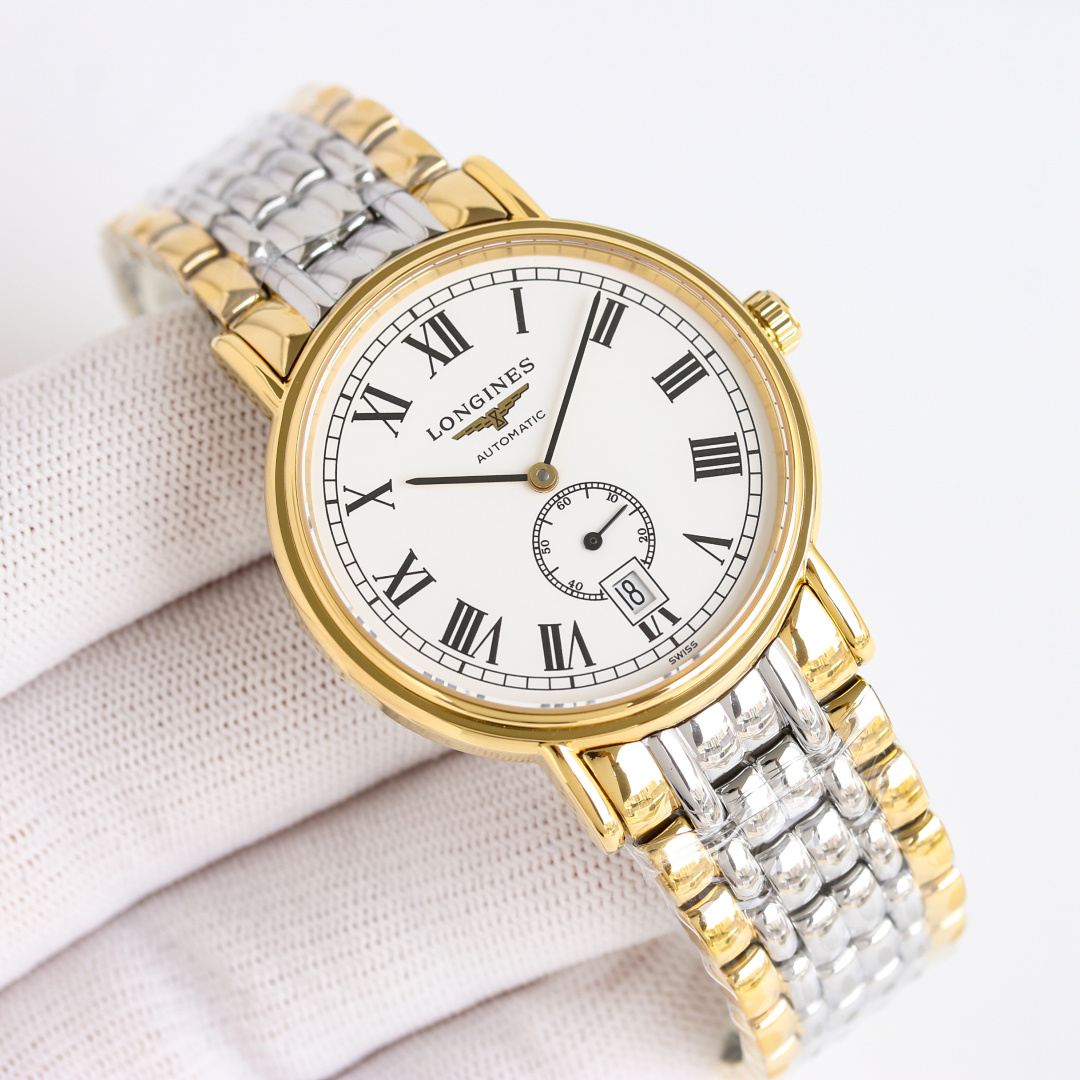 NO:150512,TW Taiwan factory's new product, Longines LONGINES elegant series, the watch uses timeless design and exquisite craftsmanship to interpret the brand's deep understanding of the traditional watchmaking aesthetics. The case is made of 316L stainless steel and is polished to present a low-key and delicate metallic luster. The 38.5mm diameter round case is only 9mm thick, with smooth and thin lines. The Roman scale and small seconds hand design not only meet the elegant needs of formal occasions, but also takes into account the comfort experience of daily wear, perfectly balances practicality and aesthetic value. The Seagull's independent small seconds automatic winding mechanical movement is equipped with the original Geneva pattern L.3 automatic trolley to achieve perfect replica of the two-needle semi-mechanical watch,,,longines19860909TW 台湾厂新品  浪琴 LONGINES 优雅系列,腕表以隽永设计与精湛工艺,诠释了品牌对传统制表美学的深刻理解.表壳采用316L精钢打造,经过抛光工艺处理,呈现出低调而细腻的金属光泽.38.5mm直径的圆形表壳厚度仅为9mm,线条流畅纤薄,罗马刻度配小秒针设计既适配正式场合的优雅需求,亦兼顾日常佩戴的舒适体验,完美平衡实用性与美学价值. 海鸥一体机独立小秒自动上链机械机芯配有原装日内瓦纹L.3自动陀实现完美复刻两针半机械腕表,,,longines,Watch