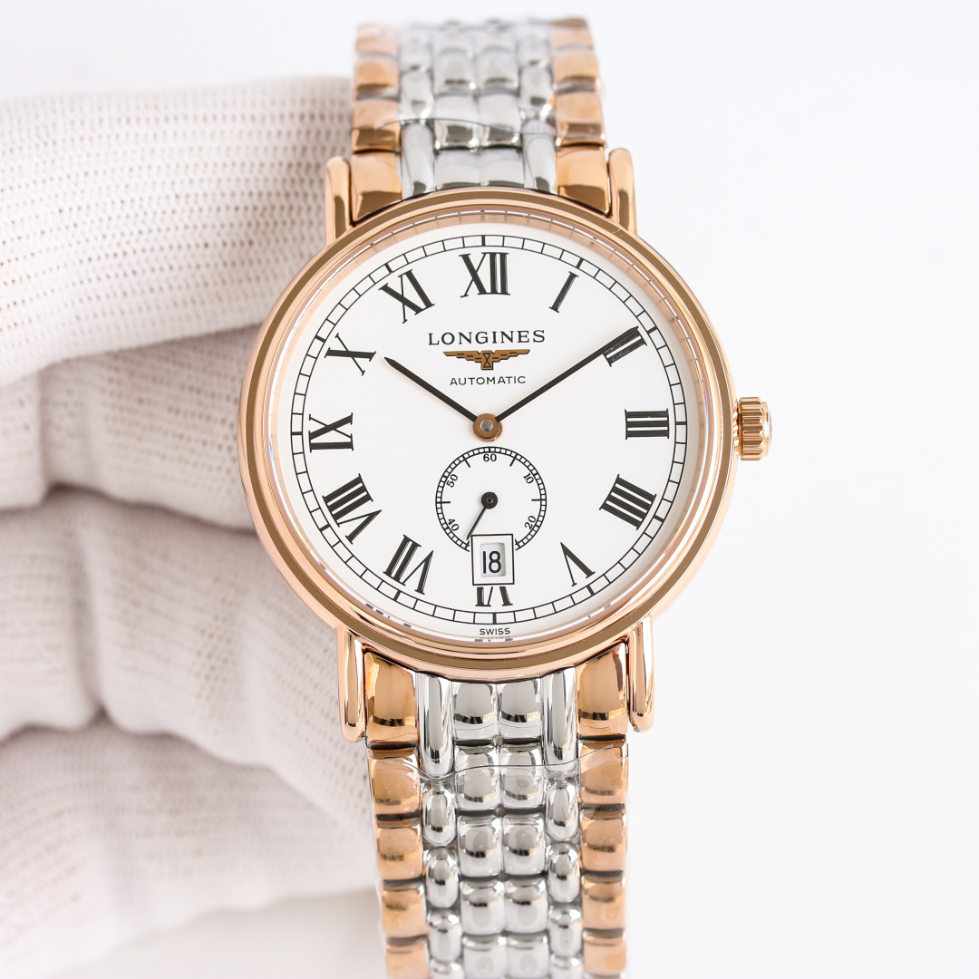NO:150518,TW Taiwan factory's new product, Longines LONGINES elegant series, the watch uses timeless design and exquisite craftsmanship to interpret the brand's deep understanding of the traditional watchmaking aesthetics. The case is made of 316L stainless steel and is polished to present a low-key and delicate metallic luster. The 38.5mm diameter round case is only 9mm thick, with smooth and thin lines. The Roman scale and small seconds hand design not only meet the elegant needs of formal occasions, but also takes into account the comfort experience of daily wear, perfectly balances practicality and aesthetic value. The Seagull's independent small seconds automatic winding mechanical movement is equipped with the original Geneva pattern L.3 automatic trolley to achieve perfect replica of the two-needle semi-mechanical watch,,,longines19860909TW 台湾厂新品  浪琴 LONGINES 优雅系列,腕表以隽永设计与精湛工艺,诠释了品牌对传统制表美学的深刻理解.表壳采用316L精钢打造,经过抛光工艺处理,呈现出低调而细腻的金属光泽.38.5mm直径的圆形表壳厚度仅为9mm,线条流畅纤薄,罗马刻度配小秒针设计既适配正式场合的优雅需求,亦兼顾日常佩戴的舒适体验,完美平衡实用性与美学价值. 海鸥一体机独立小秒自动上链机械机芯配有原装日内瓦纹L.3自动陀实现完美复刻两针半机械腕表,,,longines,Watch
