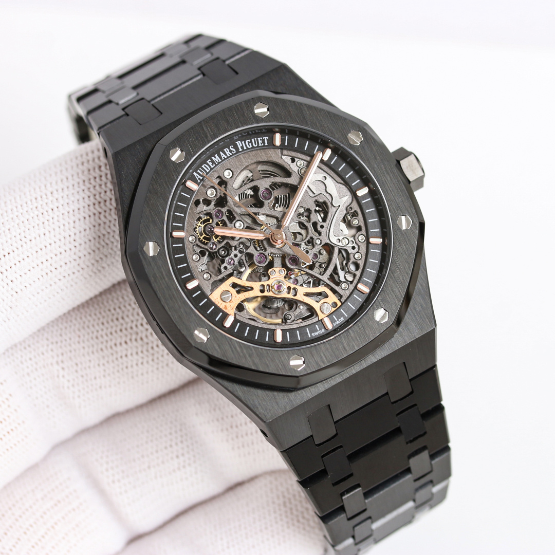 NO:150804,G R Audemars Piguet AP Royal Oak Offshore A Steel Case 15407ST.OO.1220ST.01 Men's Mechanical Watch Calibre 3132 Integrated Movement, 41mm Diameter, 9.9mm Thickness, Dark Gray Dial, Round Dial, Material hollow dial, matched with rose gold fluorescent three-dimensional hour marker and Royal Oak Pointer Mirror, Material anti-glare processing sapphire crystal glass watch mirror crown material stainless steel, screw-in crown back transparent, anti-glare sapphire glass mirror mechanical watch,,,audemars19860909G R  爱彼 AP 皇家橡树离岸型A 钢壳15407ST.OO.1220ST.01男士机械腕表 Calibre 3132一体机芯,41mm直径,厚度9.9mm深灰色表盘形状圆形表盘 材质镂空表盘,搭配玫瑰金荧光立体时标和皇家橡树指针表镜 材质防眩光处理蓝宝石水晶玻璃表镜表冠材质精钢,旋入式表冠背透背透,防眩蓝宝石玻璃镜面机械腕表,,,audemars,Watch