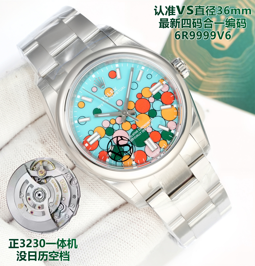 NO:158353,VS Produced by VS Factory Rolex MK1 Oyster Perpetual 126000 movement shipped. Check the watch code 6R9999V6 with NFC induction card, three-code combined diameter 36mm watch button 5ZS, oblique edges and corners, full details, using a positive integrated movement!  The first-speed movement has no calendar neutral position, the literal color and the original color have no color difference, and is grinded with a beveled Ding design. The top-level technology printing technology in the literal industry, the original uniform super three-dimensional pointer has no burrs, and seven original color dials are available!  Top-notch workmanship, excellent quality!  Deep restore, similar to Zp to up to 98!  Together, 