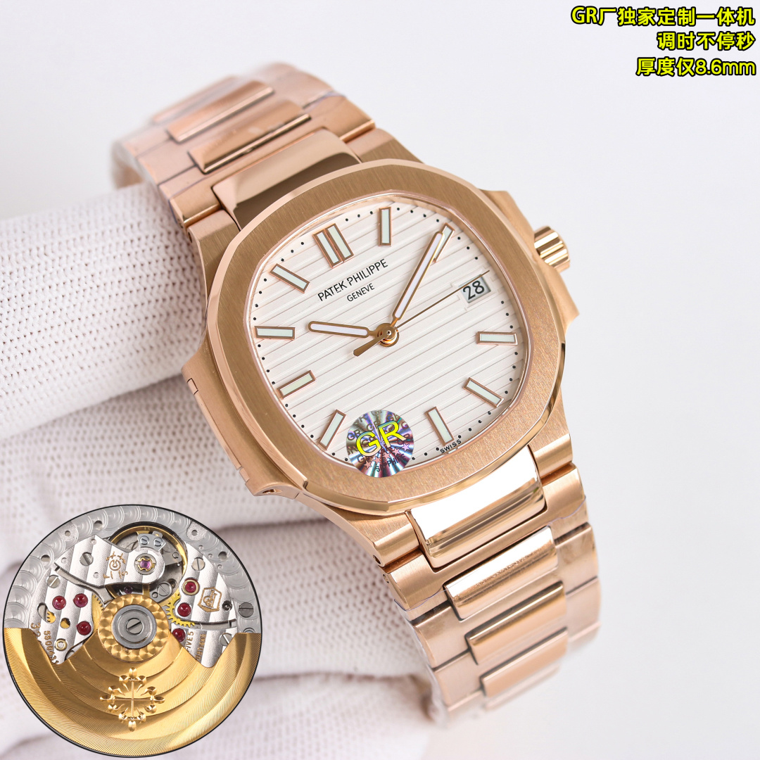 NO:158201,Produced by GR, White Shell 1350 Gold Shell 1400 Diamond 50 GR Factory New Women's Watch V2 version, highly recommends P female Nautilus. Welcome to compare details PP Patek Philippe Nautilus Series R69 1 is paired with an exclusive customized version of 9015 machine-modified Cal.324sc integrated automatic movement, adjusting continuously, adjusting continuously, adjusting continuously, adjusting continuously, adjusting continuously, special kinetic energy storage for 45 hours, vibration frequency is 28,800 per hour. 2316L custom-grade ergonomic strap!  3 watch size 35.2MM, thickness 8.6mm, 4 set with 56 Swarovski crystal diamonds in the same quantity as genuine diamonds. 5 watch mirror double-sided anti-glare sapphire crystal glass. 6 literal color is the same as genuine. 