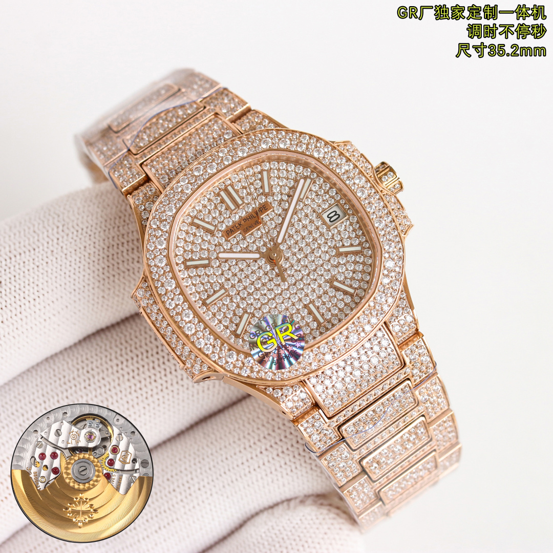 NO:150884,GR has a lot of money to create a classic timepiece, Patek Philippe PP 7021 (Women) Nautilus, a limited edition full diamond model. A small quantity arrives, limited supply (the whole body uses eight hearts and eight arrows natural Orbo diamonds) A Star Nautilus series, watch: Customized () modified 324 S automatic integrated winding mechanical movement, center large seconds hand Dial: diamond inlay, 3-digit display calendar window, 286 diamonds Case: Pavé has diamonds, sapphire crystal permeable cover. Waterproof coefficient is 30 meters. Diameter 35.2m Bracelet: It uses 1729 diamonds to use the rare 