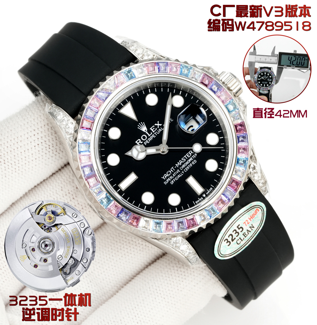 NO:151025,The highest style of the new C factory clean, Rolex ROLEX Yacht Mingshi series T-shaped rock sugar diamond candy diamond, jewelry-grade inlaid natural diamond craft 42mm rainbow yacht ① Correct the time adjustment direction, movement reverse time callback calendar, calendar jump instantly, consistent with the original version; ② Exclusive custom integrated movement, super long 72 hours kinetic energy; ③ Upgrade the original substitute grade tape, the tape uses natural fluoroelastic tape, size, softness, material, feel, workmanship details, new upgrade synchronous original. Production of C factory clean, inevitable quality, every extreme detail is the sincerity of ingenious development, fast adjustment extension function of buttons, the original version is consistent; watch code W4789518, watch button code 7CD three-code in one, matched with Nfc induction card mechanical watch,, christian louboutin, rolex19860909新品 c厂clean最高 款式, 劳力士 ROLEX 游艇名仕系列T型冰糖钻糖果钻,珠宝级镶嵌天然钻石工艺42mm彩虹游艇 ①修正调时方向,机芯逆时回调日历,日历瞬跳,与原版一致； ②独家定制一体机机芯,超长72小时动能； ③升级原版代用级别胶带,胶带使用天然氟橡胶带,尺寸,柔软度,材料,手感,做工细节,全新升级同步原装 C厂clean出品,必然精品,每一个极致的细节都是匠心开发的诚意,扣子快调延伸功能,原版一致；腕表编码W4789518,腕表扣码7CD三码合一,搭配Nfc 感应卡机械腕表,,,christian louboutin,rolex,Watch