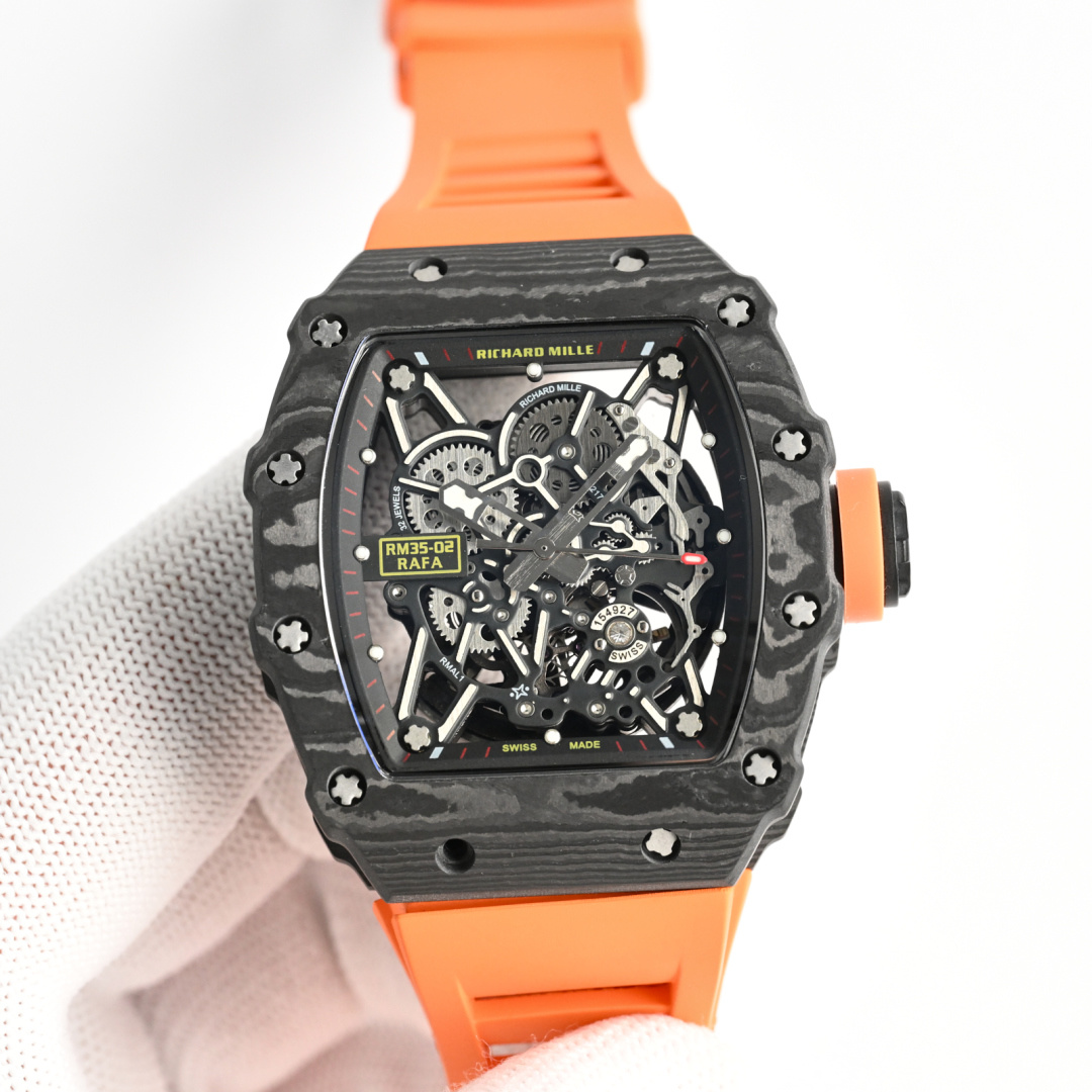 Richard Mille RM 35-03 Rafael Nadal black carbon case and bezel, skeleton dial, orange rubber strap 43mm Men's Automatic