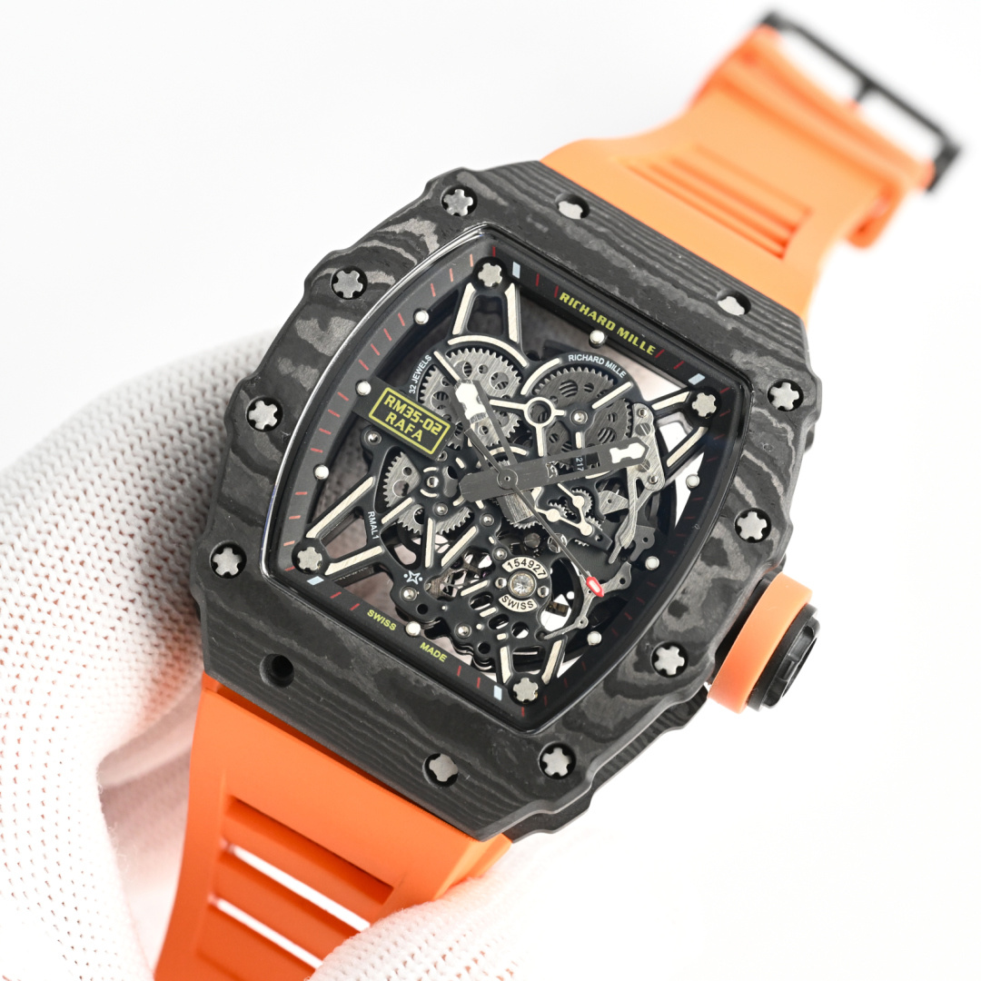 Richard Mille RM 35-03 Rafael Nadal black carbon case and bezel, skeleton dial, orange rubber strap 43mm Men's Automatic