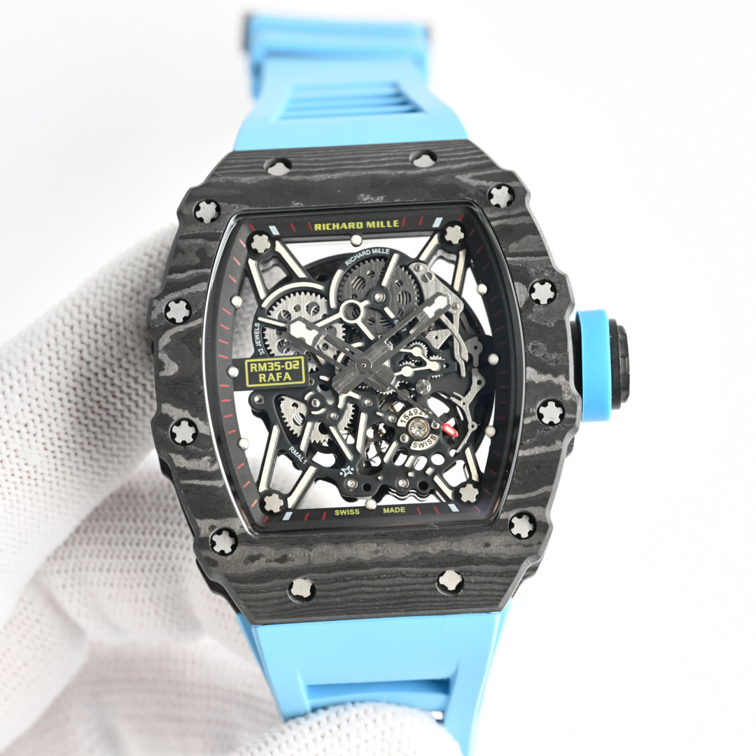 Richard Mille RM 35-02 Rafael Nadal cassa in carbonio nero, quadrante scheletrato, cinturino in caucciù azzurro 44 mm Automatico da uomo