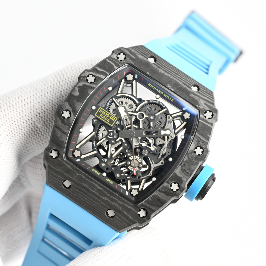 Richard Mille RM 35-02 Rafael Nadal cassa in carbonio nero, quadrante scheletrato, cinturino in caucciù azzurro 44 mm Automatico da uomo