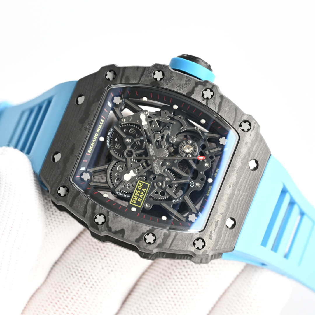 Richard Mille RM 35-02 Rafael Nadal cassa in carbonio nero, quadrante scheletrato, cinturino in caucciù azzurro 44 mm Automatico da uomo