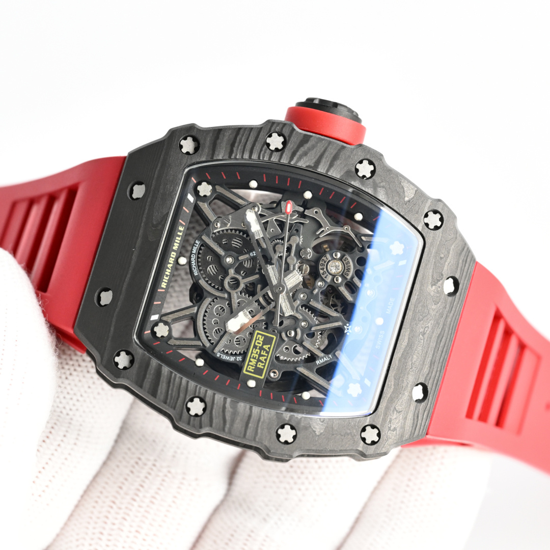 Richard Mille RM 35-02 Rafael Nadal cassa in carbonio grigio, quadrante scheletrato nero, cinturino in caucciù rosso 49,94 mm Automatico da uomo