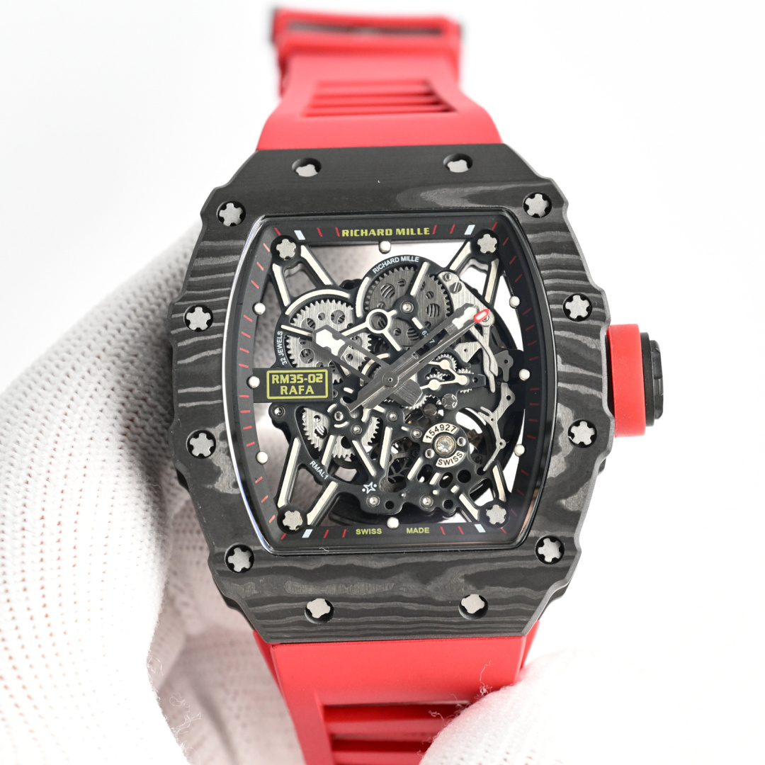 Richard Mille RM 35-02 Rafael Nadal cassa in carbonio grigio, quadrante scheletrato nero, cinturino in caucciù rosso 49,94 mm Automatico da uomo