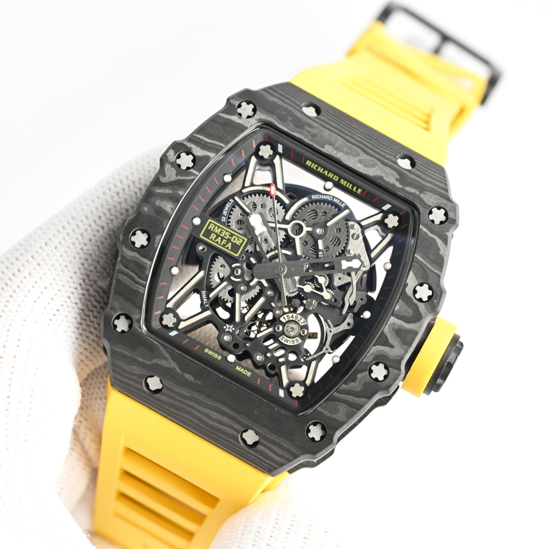 Richard Mille RM 35-02 Rafael Nadal black carbon case and bezel, skeleton dial, yellow rubber strap 44.5mm Men's Automatic