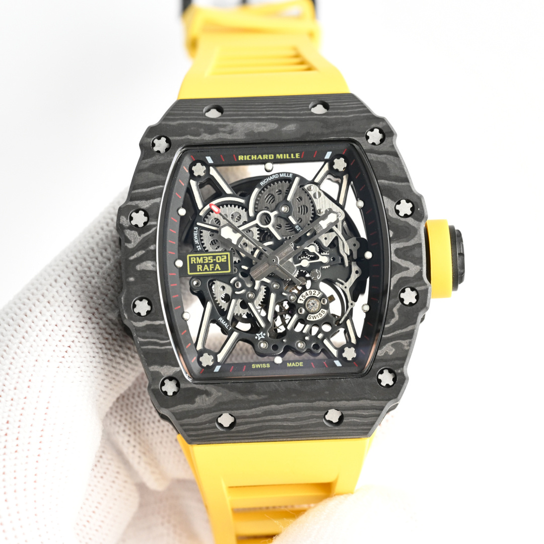 Richard Mille RM 35-02 Rafael Nadal black carbon case and bezel, skeleton dial, yellow rubber strap 44.5mm Men's Automatic
