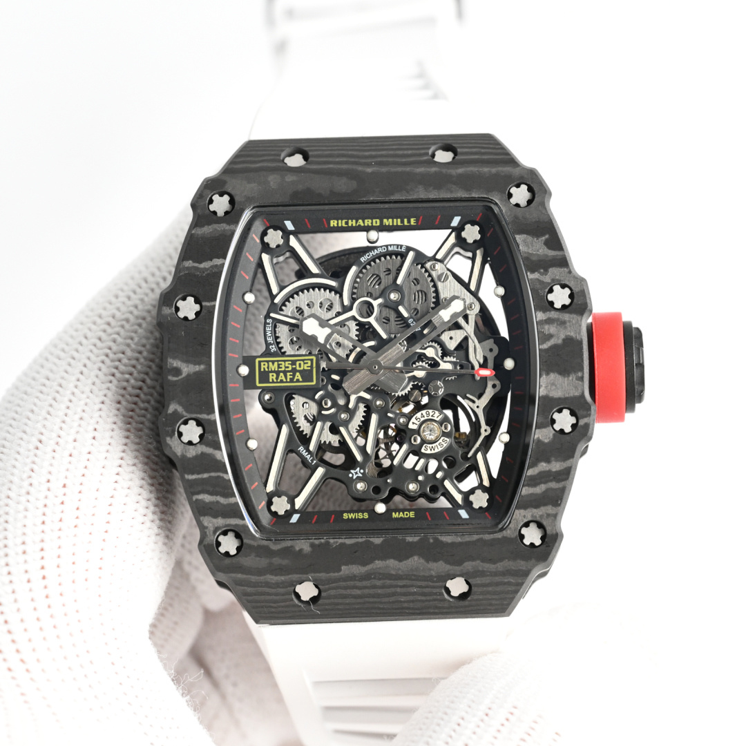 Richard Mille RM 35-02 Rafael Nadal caixa e moldura em carbono preto, mostrador esqueleto, pulseira branca, anel de coroa vermelha 44,5 mm Masculino Automático