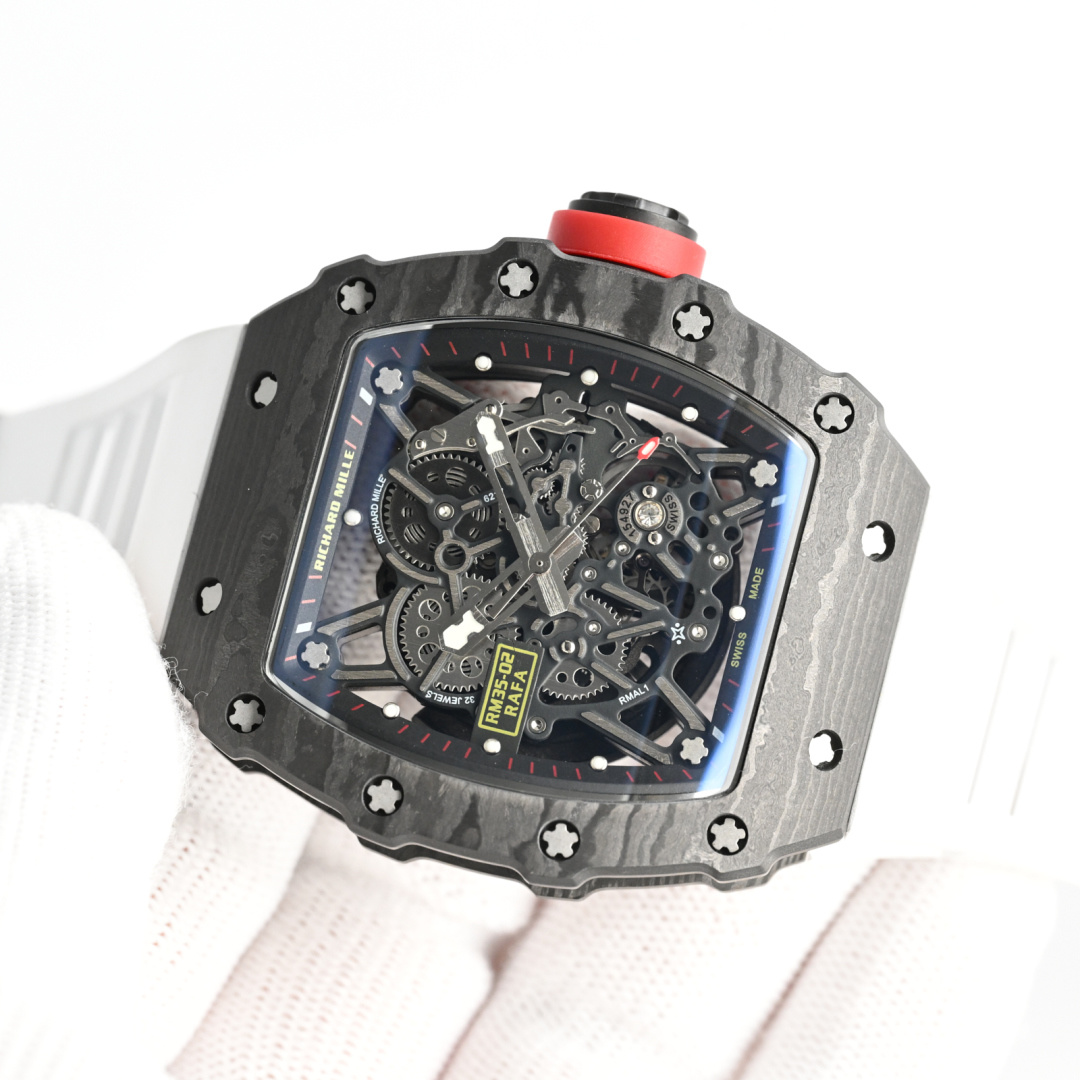 Richard Mille RM 35-02 Rafael Nadal caixa e moldura em carbono preto, mostrador esqueleto, pulseira branca, anel de coroa vermelha 44,5 mm Masculino Automático