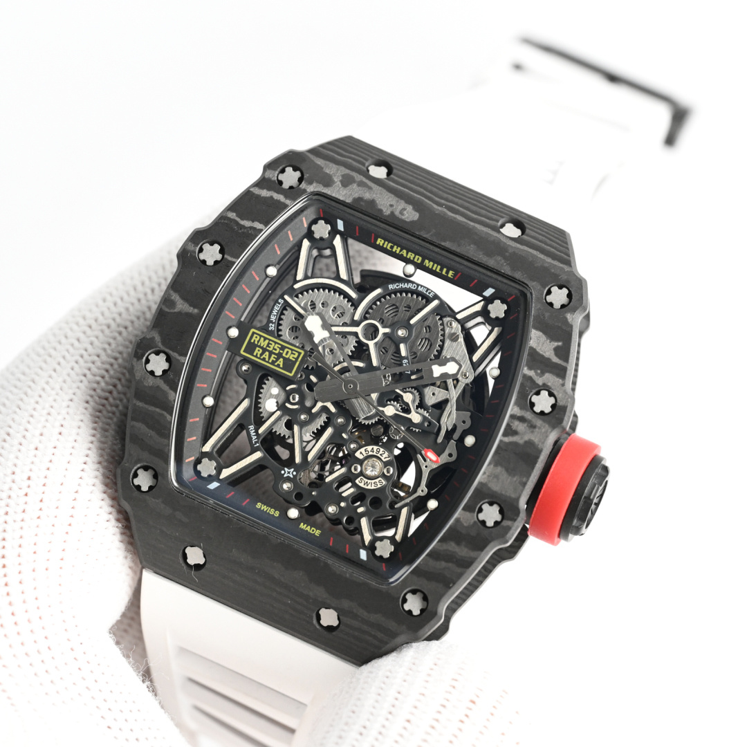 Richard Mille RM 35-02 Rafael Nadal caixa e moldura em carbono preto, mostrador esqueleto, pulseira branca, anel de coroa vermelha 44,5 mm Masculino Automático