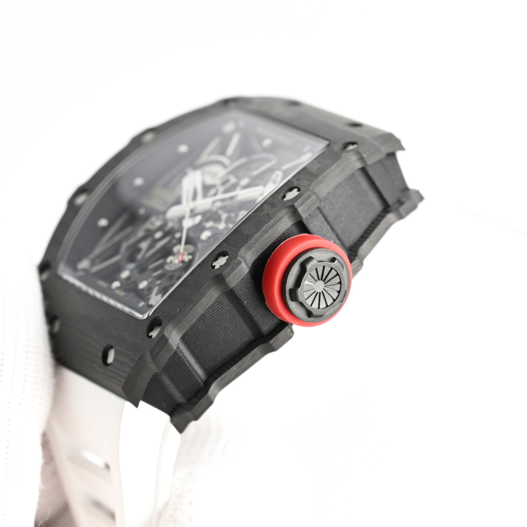 Richard Mille RM 35-02 Rafael Nadal caixa e moldura em carbono preto, mostrador esqueleto, pulseira branca, anel de coroa vermelha 44,5 mm Masculino Automático