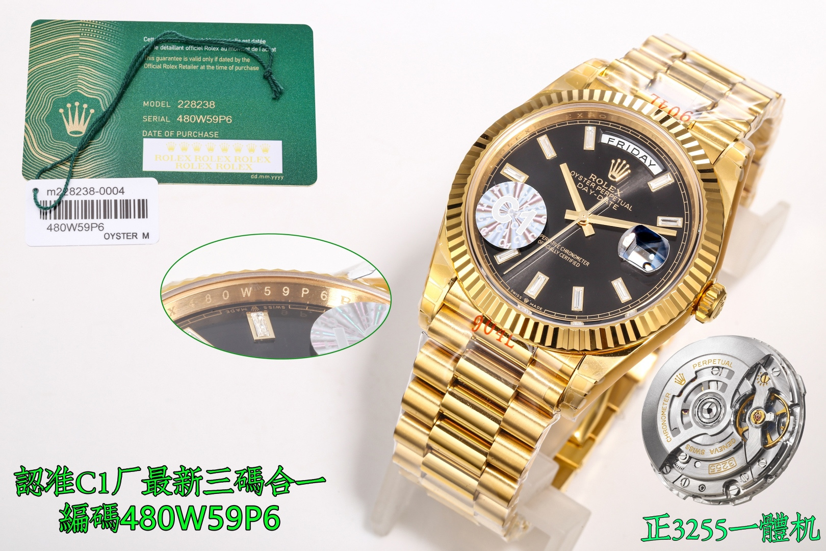NO:336456,Produced by C1 DD (Black Rock Sugar) High-end version (strictly selected) Rolex/ROLEX Week calendar type 40mm counterweight version Three-code in one, with NFC sensing card, customized version!  Watch code 480W59, watch button code, 3ZR, upgraded strap strip steel stamp, deep concave AU logo, exquisite details!  New ergonomic counterweight!  The Oyster alloy material is not only a single weighted 