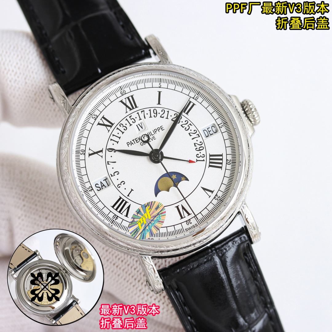 NO:388216,Produced by PPF White Shell Gold Shell Carved 50 PPF Factory counterweight version, original weight, latest V3 version!  Original folding back cover, the only version, high quality!  Popular on the Internet, produced by PPF craftsman 'Xin' The best collection of the year - Patek Philippe PP MK1 Classical super complex multifunctional 51.59 perpetual calendar series watch, original uniform folding back cover!  Arrived in elegance!  Classical Series  1 [Excellent details and advantages] The 38mm size and lug design of this watch can make it suitable for the public to wear. Whether you wear a large wrist or a small wrist, there is no pressure. In every move, half of it is exposed outside the cuffs. Successful people and business equipment, this watch will definitely give you face and confidence. The feeling of getting started is a comfortable wearing experience and the weight of a small gold watch. You can realize that having it is the real winner in life. This watch is worth applause. Strong][Strong][Strong  ][666]1. Case polishing In order to pursue the effect of genuine warmth and jade, PPF watchmakers polish it carefully and slowly produce fine work. 2. The connection mechanism between the stamping cover and the shell has a crisp feel comparable to that with genuine products. The stamping back cover has a higher waterproof performance. 3. The scale and pointer are processed using the latest precious metal electroplating process, and the effect is higher than that of the original. 4. The 'pot lid type' micro-convex sapphire watch mirror, the pattern is consistent with the original product, the effect is transparent, and the time is clear. 5. The three-dimensional standard of precious metal seals is clear and vivid!  2 [Leading the Era of All-in-One Machine] Use a customized version of Cal.324 All-in-One Machine - thinner, more stable, and more similar. The most important thing is that the simulation has risen sharply. 3 [Watch Strap] Classic Italian Calfskin strap, with clear texture and good texture. It is matched with the top Patek Philippe lantern buckle in the market, and is universally original without pressure. It makes it more formal Patek Philippe design elements [Strong][666][666][666]!  PPF. Original folding back cover,!  High quality. Factory is elegant and upright, eternal classic, low-key and perfect, gentleman in the watch!  Welcome to taste it!  Each watch is equipped with a special watch adjuster to make the watch friends trust. High-end products are worthy of gifts. Please be sure to identify the exclusive quality of PPF, patek philippe, cowhide19860909PPF 出品 白壳 金壳 雕花50 PPF Factory配重版本,原版重量,最新V3版本！原版折叠后盖,唯一对版版本,高品质！火爆全网,PPF匠”芯“出品 年度最佳典藏之作——百达翡丽 PP MK1 古典超级复杂多功能5159万年历系列腕表,原版一致折叠后盖！儒雅而至！古典系列 1【精彩细节与优点】此腕表尺寸38mm合理的尺寸和表耳设计又能让它适合大众人士配戴,无论你是大手腕还是小手腕佩戴起来都毫无压力,举手投足之间,露出一半在袖口一外,成功人士,商务配装,此腕表绝对给足你面子与信心,上手的感觉是舒适的佩戴感受和一枚小金表的分量感,你都能体会到,拥有它才是真正的人生赢家,这表值了[鼓掌][强][强][强][666]1.表壳打磨为了追求正品温润如玉的效果,PPF制表师精磨细造,慢工出细活.2.冲压盖与壳体的衔接机制,有媲美带正品一样的清脆手感,冲压后盖更高的提高防水性能.3.刻度和指针,采用最新的贵金属电镀工艺处理,效果更上一层楼.4.“锅盖型”微凸蓝宝表镜,版型与正品一致,效果通透,辨时清晰.5.贵金属钢印立体规范,清晰生动！2【引领一体机时代】采用定制版Cal.324一体机——更薄,更稳,更像.最重要的是仿真度直线上升了.3【表带】经典意大利小牛皮表带,纹路清晰,质感好.搭配圈市面最顶级的百达翡丽灯笼表扣,通用原装无压力.让它更加具有正装百达翡利的设计元素[强][666][666][666]！PPF.原版折叠后盖,！高品质.Factory儒雅持成,永恒经典,低调完美,表中绅士！欢迎您的品鉴！每一个表配送一根专用调表针,为的就是让广大表友信赖,高端产品,值得拥有送礼最佳奢华推荐请认准PPF独家品质,,patek philippe,cowhide,Watch