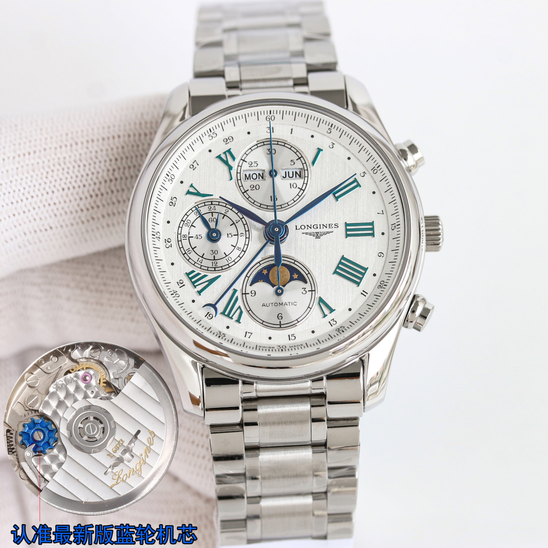 NO:394152,SJ LGS has a new ceiling LONGINES L2.773.4 eight-needle moon phase multifunctional machinery  RB2 [Movement] is equipped with 7751 exclusive blue steel wheel fully automatic mechanical movement to original L2.687.5 latest hollow automatic hammer, upgraded and improved version technology is very stable, power reserve is up to 48 hours [Case] ​​'Hammer-pressed' 316L stainless steel. Size 40MM. After being engraved by computer CNC CNC, ultra-precision waterproof depth meters [Literal] pointer adopts quenched steel blue, gold-plated moon phase disc, the first time to use original mold opening, custom-made correction original display concave and convex feeling is also consistent with the original details [Watch strap] 316L stainless steel is cut and polished and then hand-matched, and the degree is no dead corner 0 scraper. The real thing is exquisite, weight, strong and durable, so the actual thing is absolutely excellent. (Give a set of calf belt and original belt buckle, black brown for you to choose) S1 exquisite recommendation for men's multifunctional mechanical watch, longines, cowhide19860909SJ出品 LGS 全新打造天花板 LONGINES 浪琴 L2.773.4八针月相多功能机械 RB2【机芯】搭载7751独家蓝钢轮全自动机械机芯改原装L2.687.5最新镂空自动锤,升级改良版技术十分稳定动力储备高达48小时【表壳】“锤压式”316L精钢.尺寸40MM.后经电脑CNC数控雕刻超精密防水深度米【字面】指针采用淬火烧钢蓝,烫金月相盘,首次采用原装开模,定制修正原装显示凹凸感也同正品一致细节【表带】316L精钢经切割工艺后散件打磨再手拼而成度无死角0刮手.实物精致有重量结实耐用到手实物绝对超赞.（赠送小牛皮带和原装皮带扣一套,黑色棕色任君挑选）S1精致推荐男士多功能机械腕表,,longines,cowhide,Watch