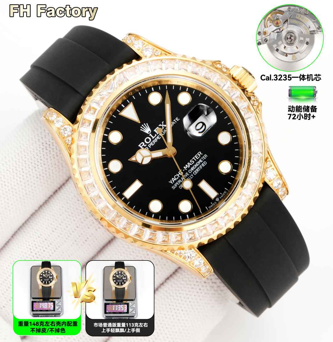 NO:337119,Gold Diamond FH factory VIP limited hidden version 226679TBR series, Rolex ROLEX counterweight VIP hidden version yacht arrival counterweight version yacht series, Yacht Mingshi 42mm, 1FH factory uses 904L stainless steel shell internal counterweight, and refuses to use thickened bottom cover and full tungsten steel case!  FH promises that it will not lose skin or color and can be covered with gold!  Only one on the market!  Weight is 150g, infinitely close to the original. The watch diameter is 42m/11.8m. The bottom of the case is stamped with four precious metal marks on the original version!  2. It is equipped with original alternative dial, pointer, and high-transparent sapphire glass mirror at all costs!  Rotating the outer ring inlaid with T square to cultivate rock sugar color diamonds, and lugs inlaid with different sizes, full of fire color!  The dial and hands are made of Swiss imported luminous filler powder, and the pair of Ice Blue luminous color is long-lasting!  Paired with a rubber strap containing memory steel sheet, 904L stainless steel creates an integrated buckle, and the original strap size can be fine-tuned in the internal synchronous!  3 is equipped with the latest version of fully automatic mechanical Cal. integrated movement, powerful functions and stable performance; kinetic energy reserves for 72 hours!  FH factory Yacht Master - interprets navigation mechanical watches with precise craftsmanship, welcome to taste!  ,,rolex19860909金 钻 FH factory  VIP限量隐藏版226679TBR系列, 劳力士 ROLEX 配重VIP隐藏版游艇到货配重版本 游艇系列 , 游艇名仕42mm , 1FH factory采用904L精钢包壳内部配重,拒绝使用底盖加厚加重、全钨钢材质表壳！FH承诺不掉皮不掉色可包金！市面独一家！重量150g,无限接近原装.表径对版原装黄尺寸42m/11.8m 表壳底部均压印对版原装四个贵金属印记！ 2不计成本搭配原装代用表盘、指针、高透蓝宝石玻璃镜面！旋转外圈镶嵌T方培育冰糖彩钻、表耳镶嵌大小不同碎钻,火彩十足！表盘、指针均采用瑞士进口夜光填充粉,对版冰宝蓝夜光颜色,持久光亮！搭配内含记忆钢片橡胶表带,904L精钢打造一体表扣,内部同步原装可微调表带尺寸！ 3搭载最新版全自动机械Cal.一体机芯,功能强大,性能稳定；动能储备72小时！ FH factory游艇名仕——以精准工艺诠释航海机械腕表, 欢迎品鉴！,,rolex,Watch